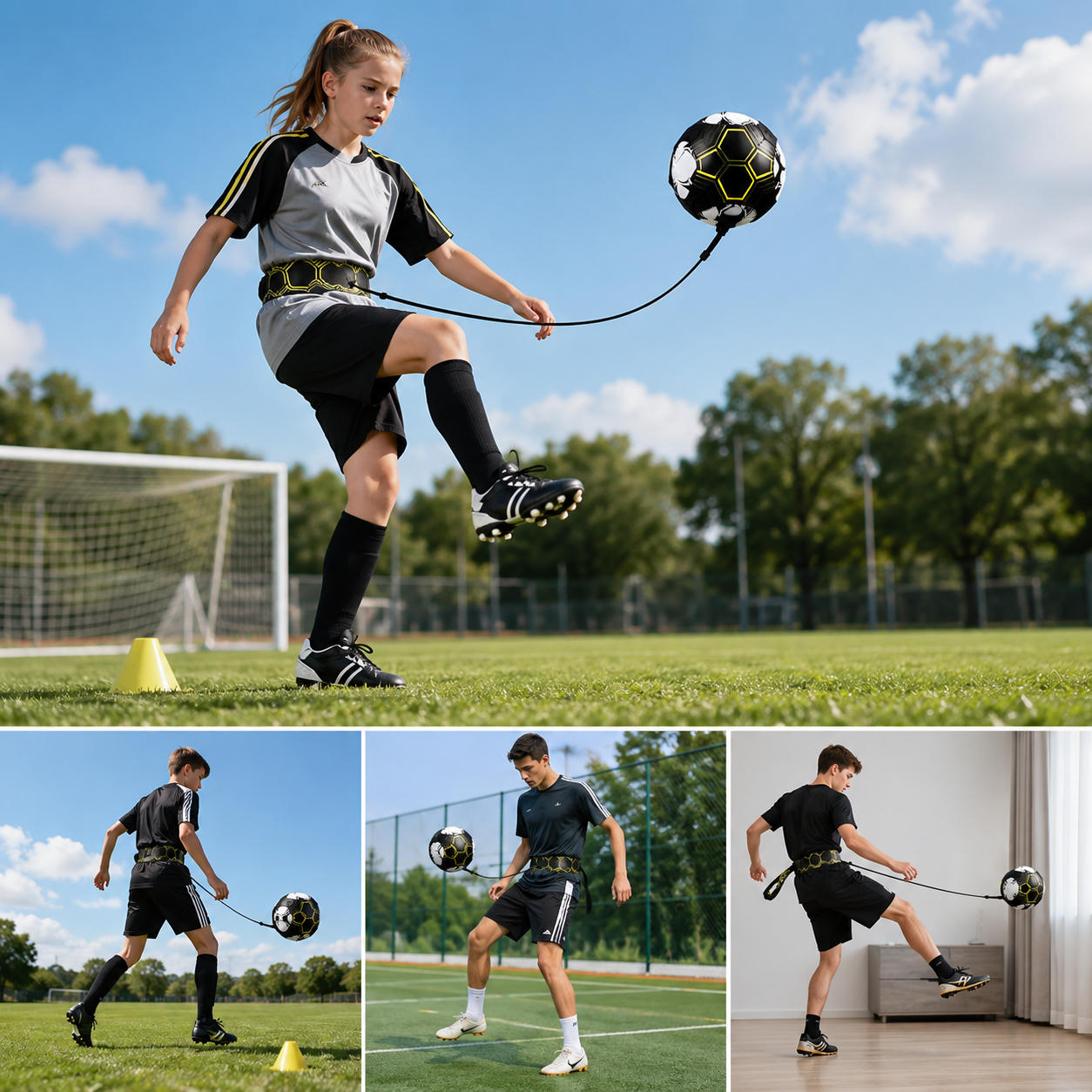 Ein junges Mädchen und ein Mann trainieren Fußball mit einem Solo-Trainerband auf einem grünen Feld.