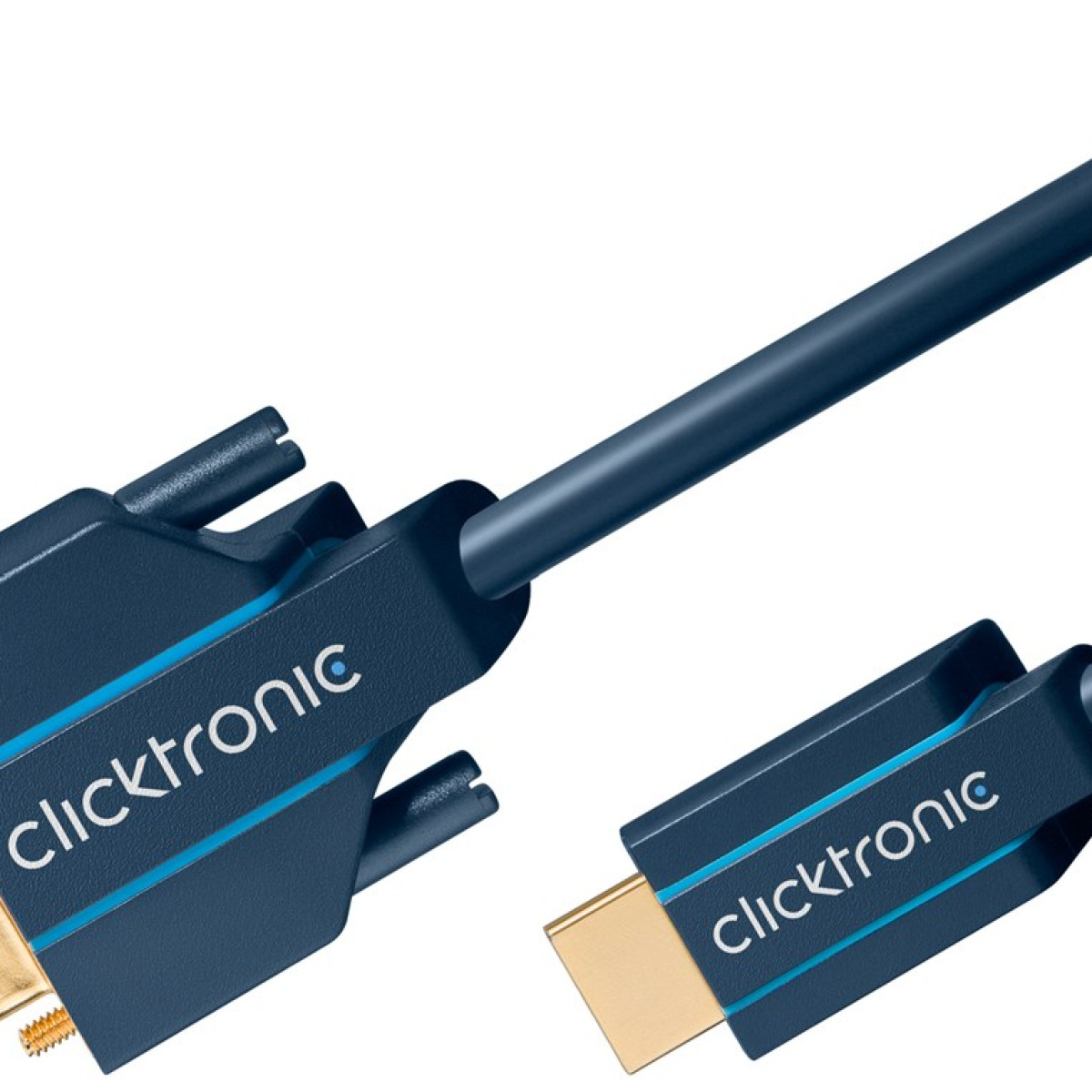 Cable Clicktronic azul oscuro con conectores dorados sobre fondo blanco.