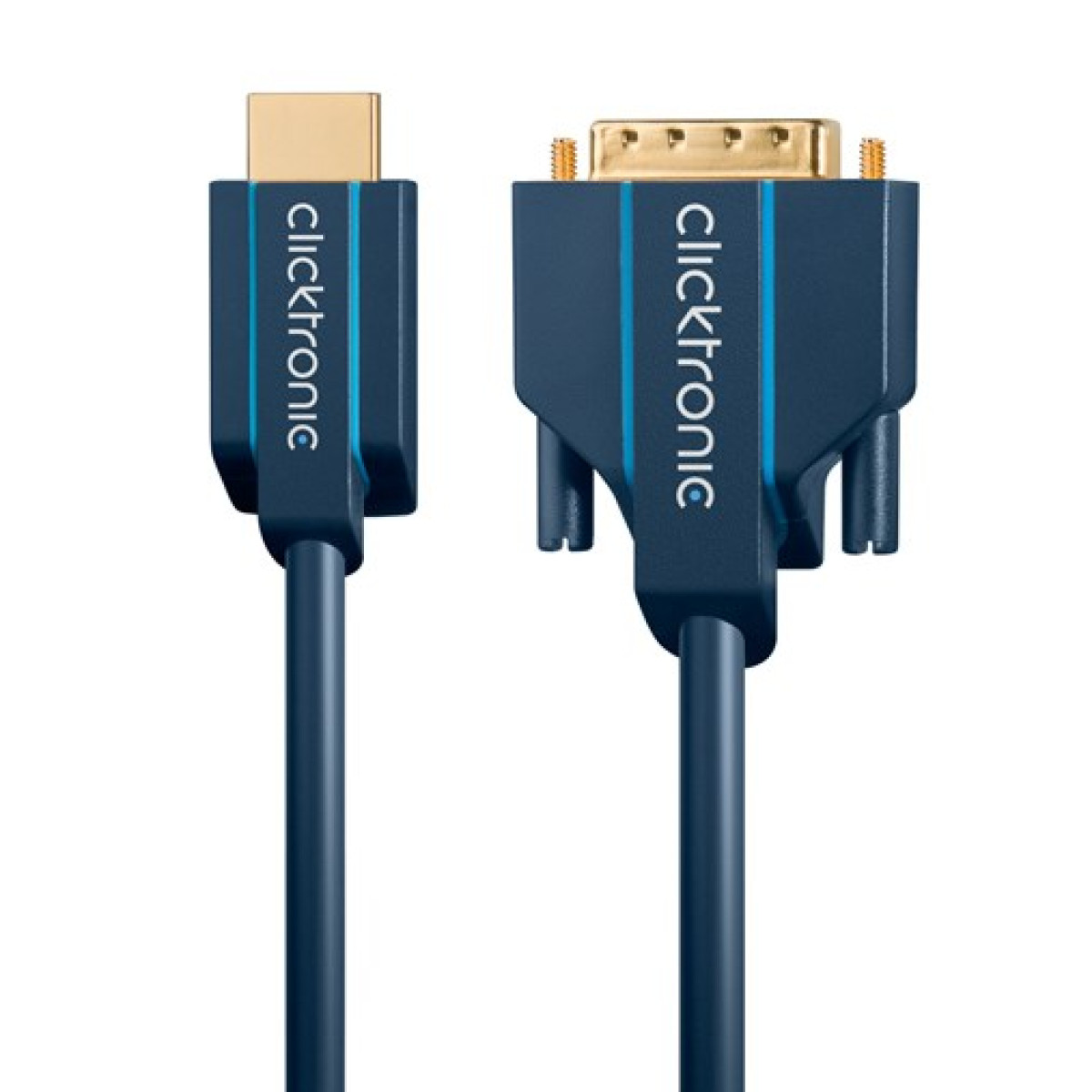 Dos cables azules Clicktronic con conectores chapados en oro sobre fondo blanco.