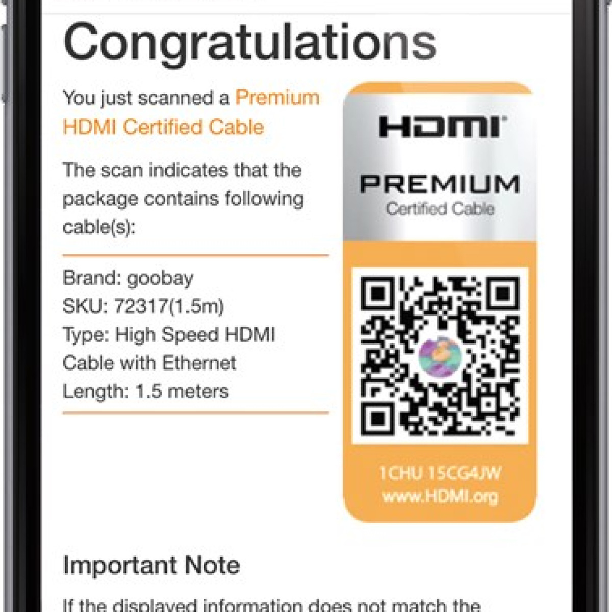 Smartphone-Bildschirm zeigt die erfolgreiche Verifizierung eines Premium-HDMI-zertifizierten Kabels mit QR-Code.