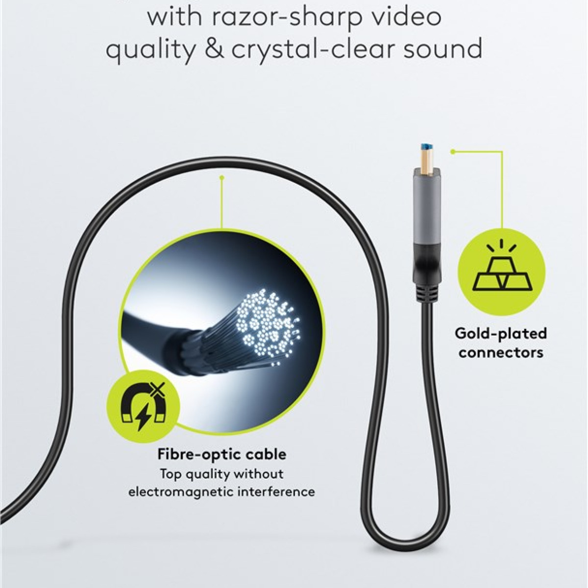 Ein schwarzes Kabel mit Glasfaserstruktur und vergoldeten Steckern gegen Interferenzen.