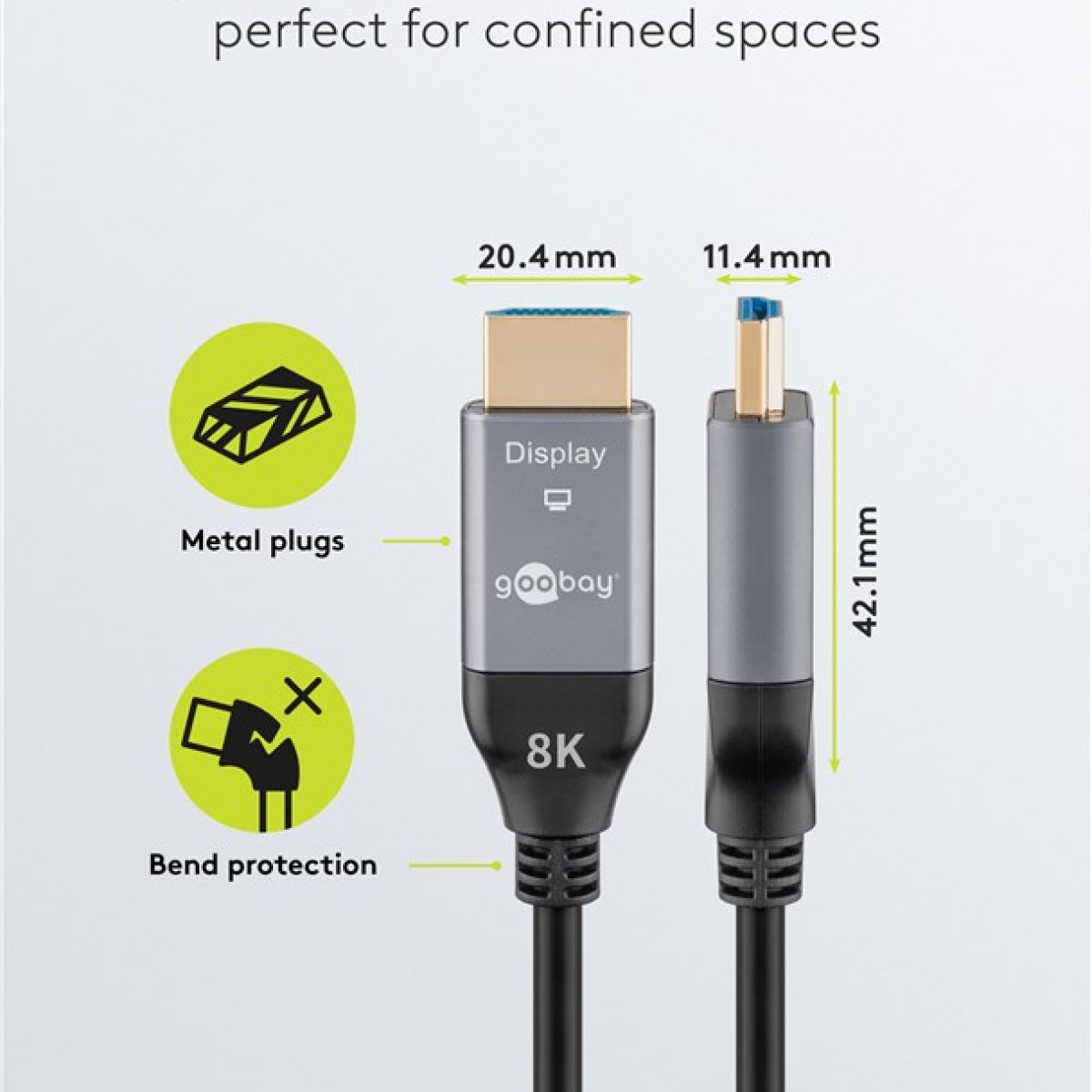 Diagramm zeigt Abmessungen und Details eines Goobay 8K DisplayPort-Kabels mit Metallsteckern und Knickschutz.