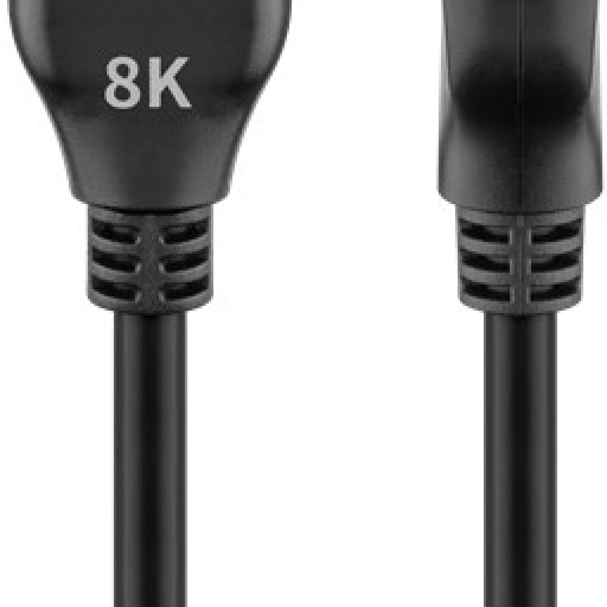 Nahaufnahme von zwei schwarzen 8K-HDMI-Kabelköpfen vor weißem Hintergrund.