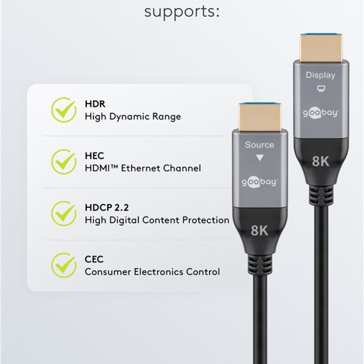 Goobay 8K HDMI-Kabel mit Unterstützung für HDR, HEC, HDCP 2.2 und CEC.