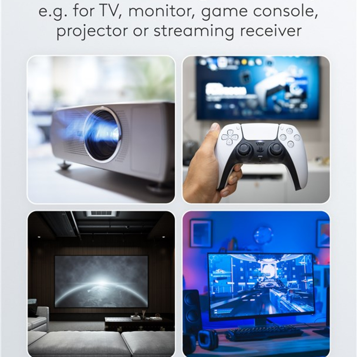 Vier Bilder zeigen einen Beamer, einen Controller, ein Heimkino und einen Monitor.