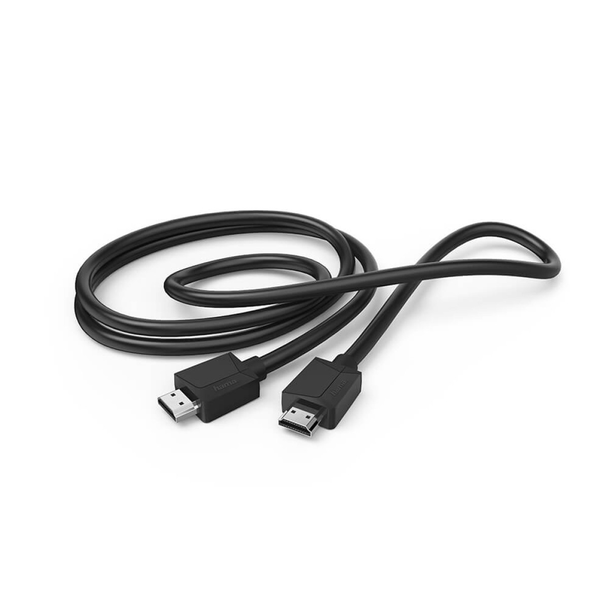 Un cable HDMI negro enrollado sobre fondo blanco, con conectores metálicos en ambos extremos.