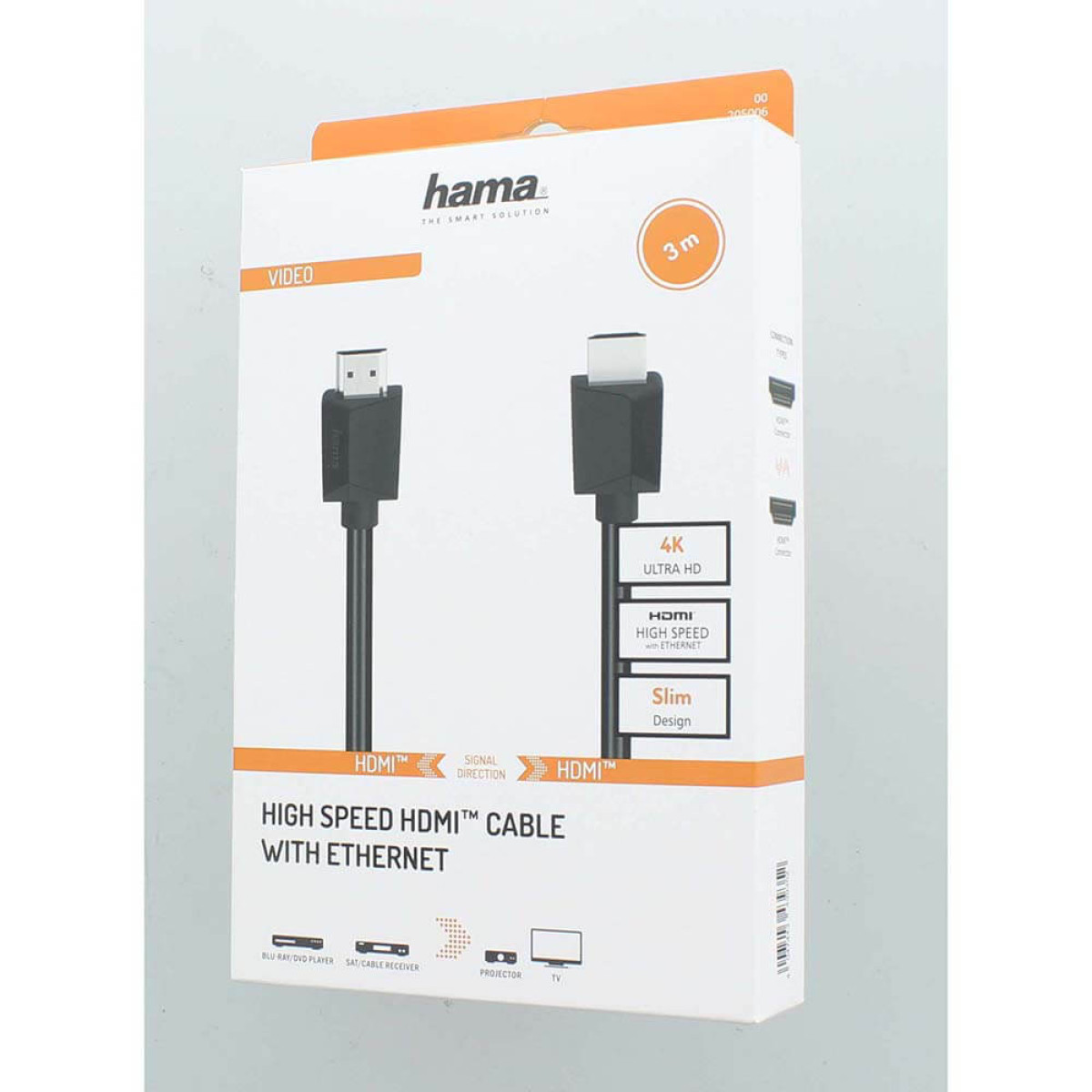Embalaje blanco Hama para un cable HDMI de alta velocidad de 3m con Ethernet, 4K Ultra HD y diseño delgado.