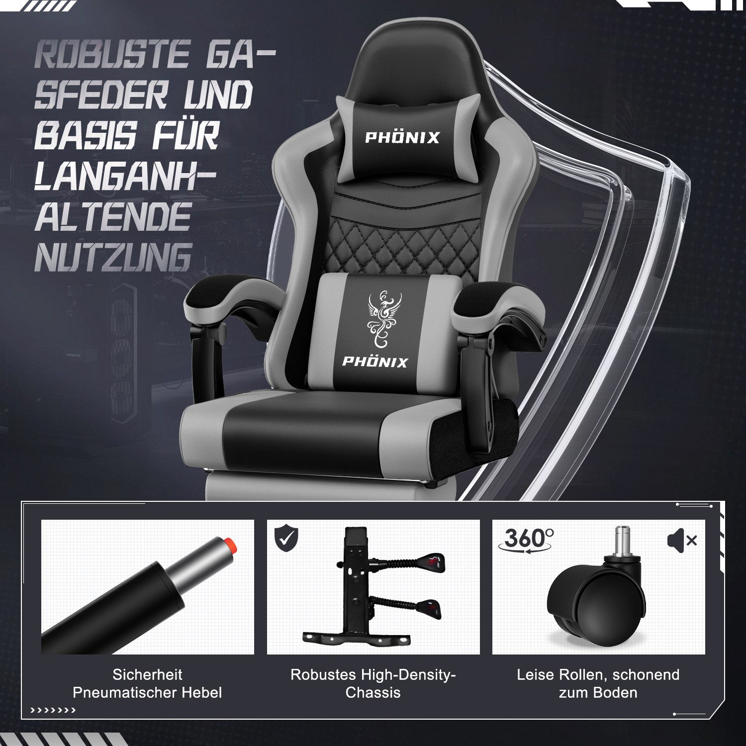Ein grauer und schwarzer Phönix Gaming-Stuhl mit Details zu Hebel, Chassis und leisen Rollen unten.