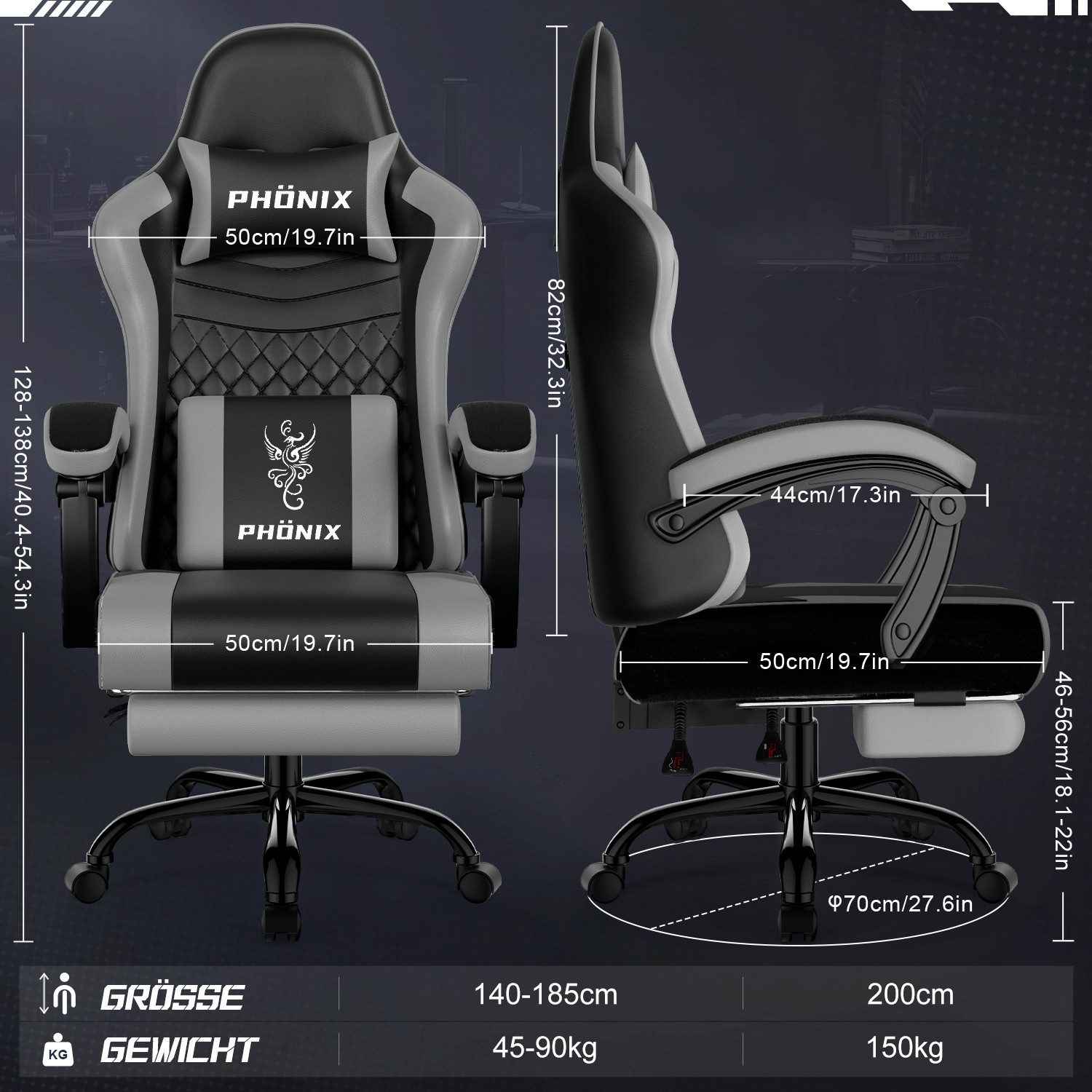 Schwarzer und grauer Phönix-Gaming-Stuhl mit Maßen und Gewichtsinformationen.