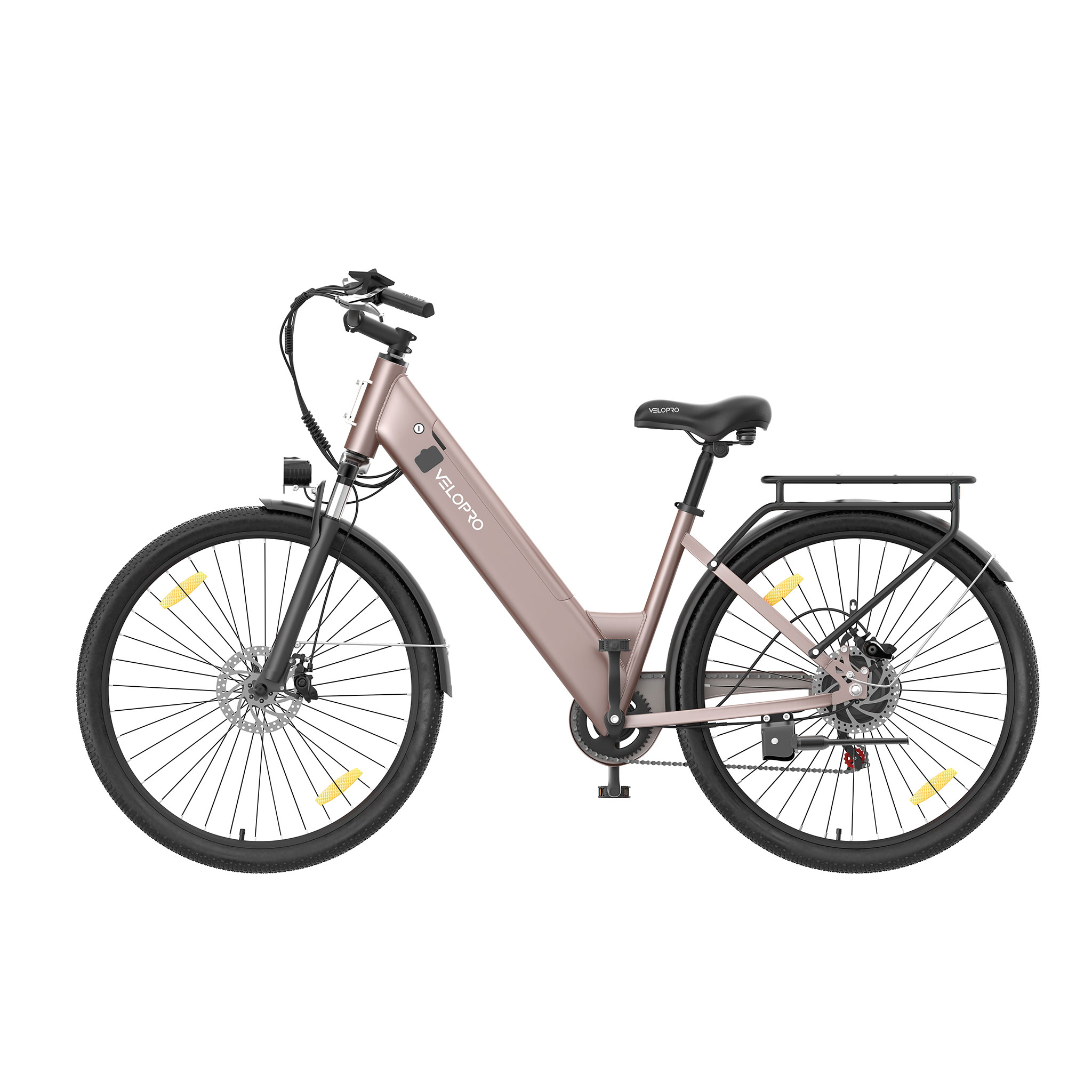 Una bicicleta eléctrica Velopro rosa con portaequipajes y horquilla negros sobre fondo blanco.