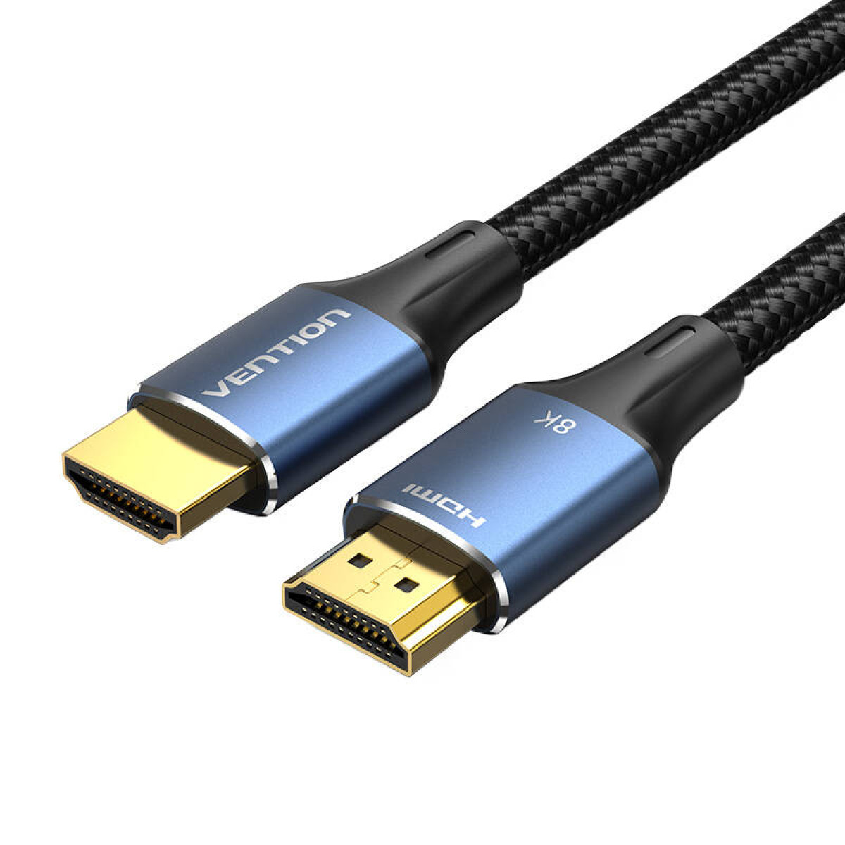 Dwa czarne plecione kable HDMI z niebieskimi i złotymi złączami na białym tle.