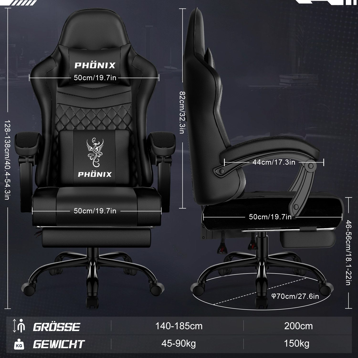 Schwarzer Phönix-Gaming-Stuhl von vorne und der Seite mit detaillierten cm- und Zoll-Maßen.