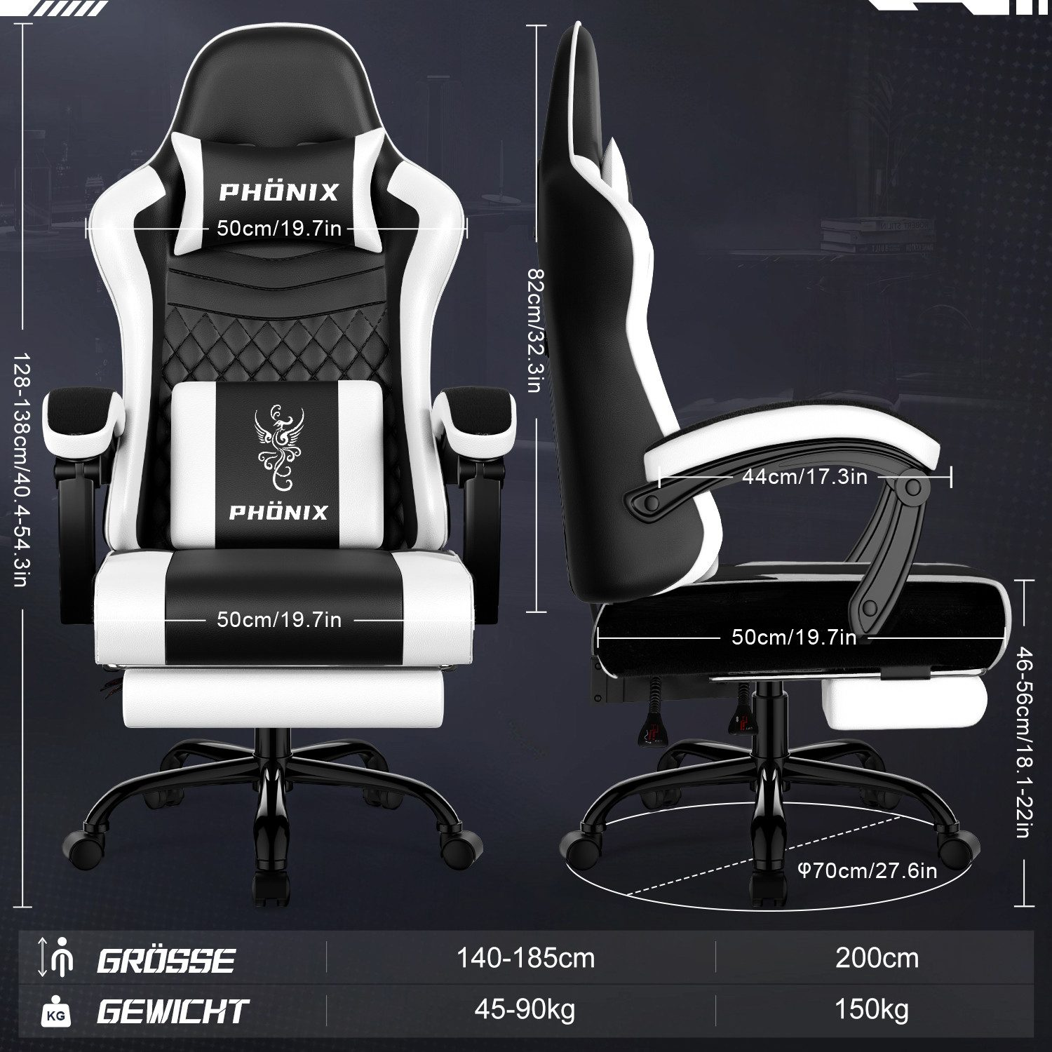 Technische Zeichnung eines schwarz-weißen Phönix Gaming-Stuhls mit Maßen und Gewicht.