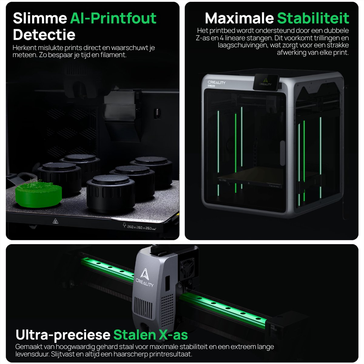 Features a 3D printer with AI error detection, stable structure, and precise steel X-axis.