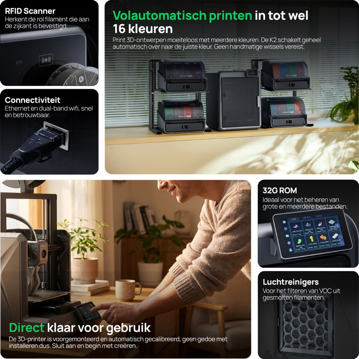 Collage of a 3D printer with multi-color filament systems, touch screen, RFID scanner, and ethernet port.