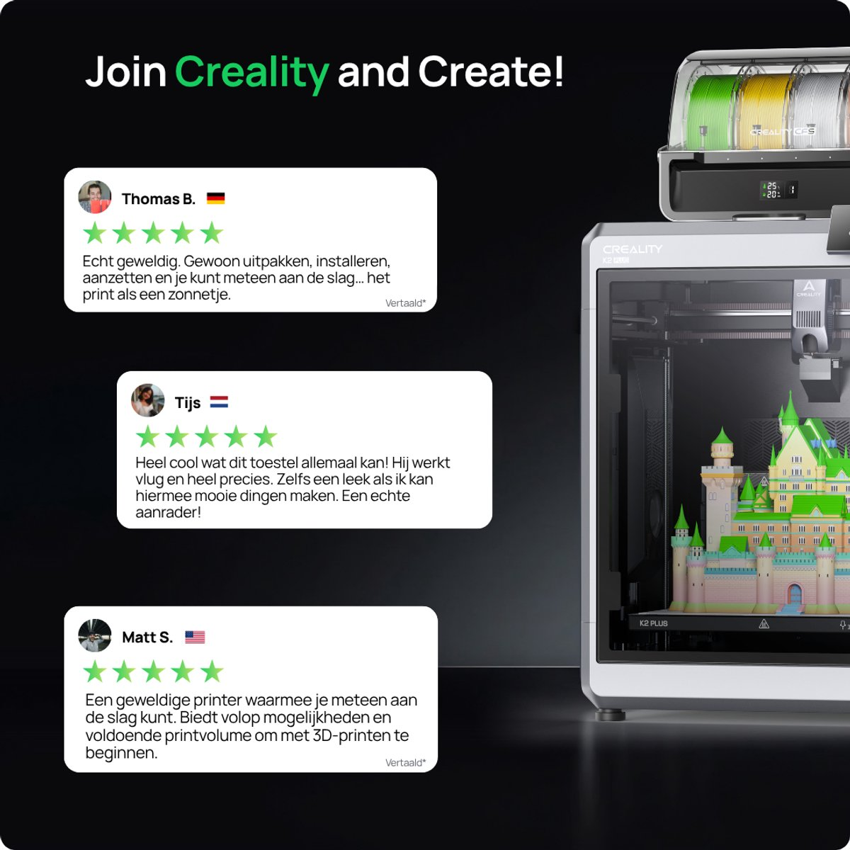 Imprimante 3D Creality avec trois avis clients positifs et une impression de château coloré.
