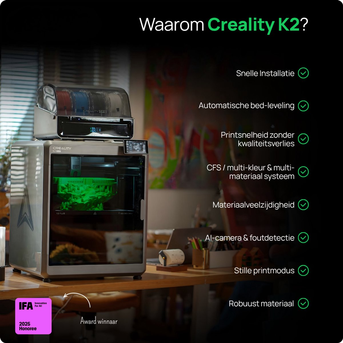 Creality K2 Plus 3D printer on a wooden desk with a multi-color filament system and features listed on the right.