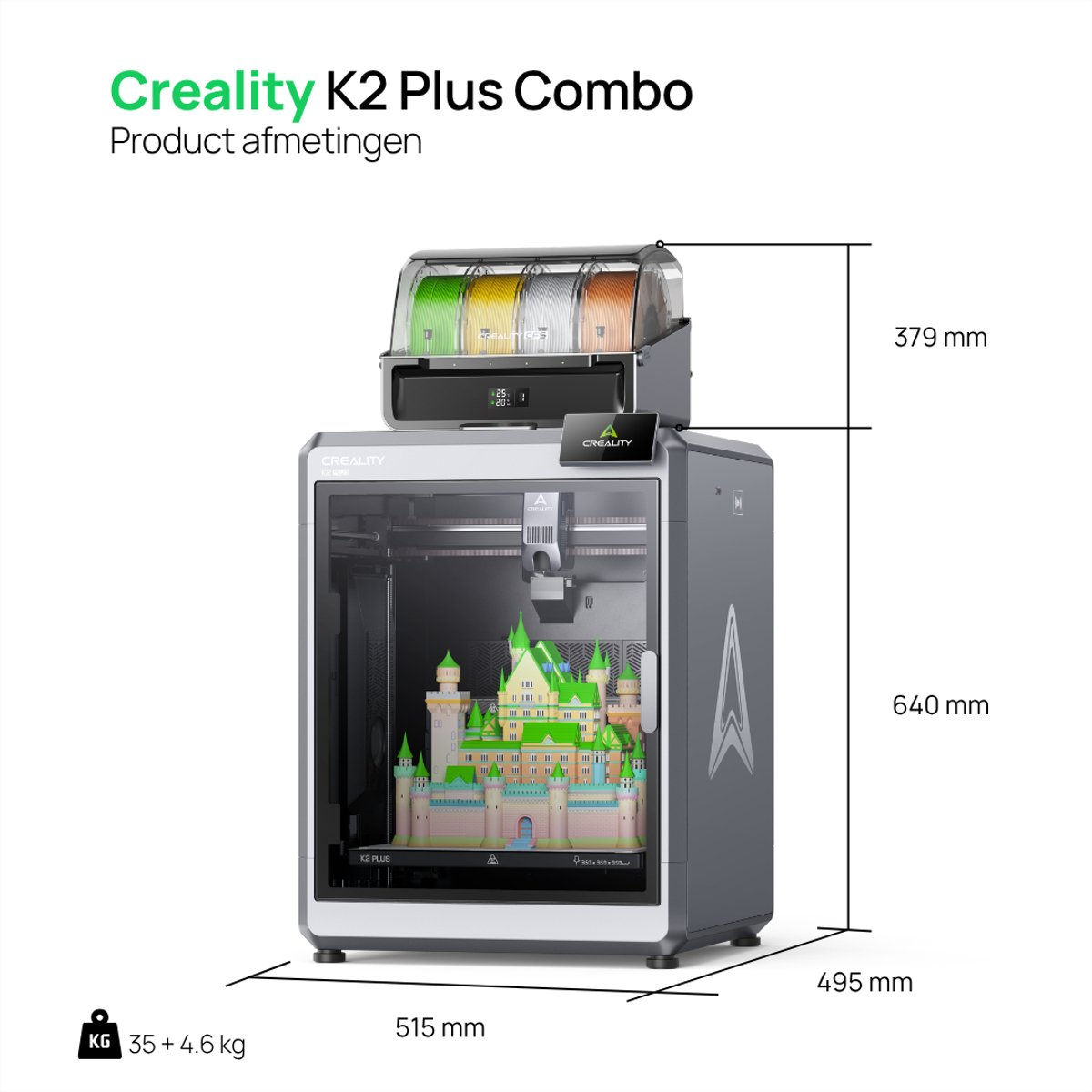 Creality K2 Plus Combo 3D printer with dimensions, colored filaments, and a castle model inside.