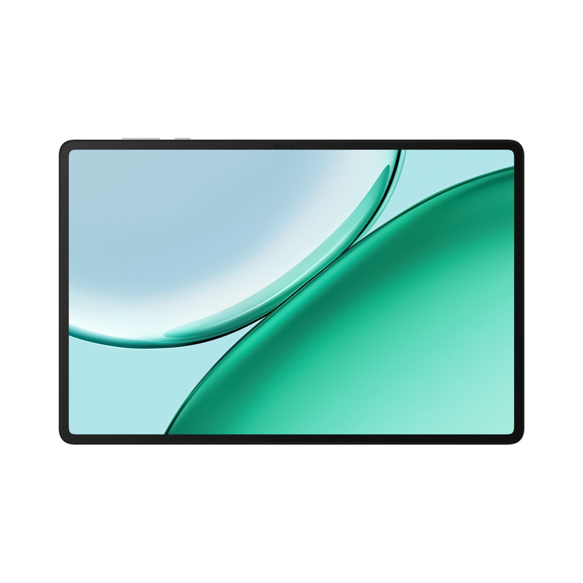 Siyah bir tablet, siyah arkaplan üzerinde akıcı mavi ve yeşil kavisli bir arkaplan gösteriyor.
