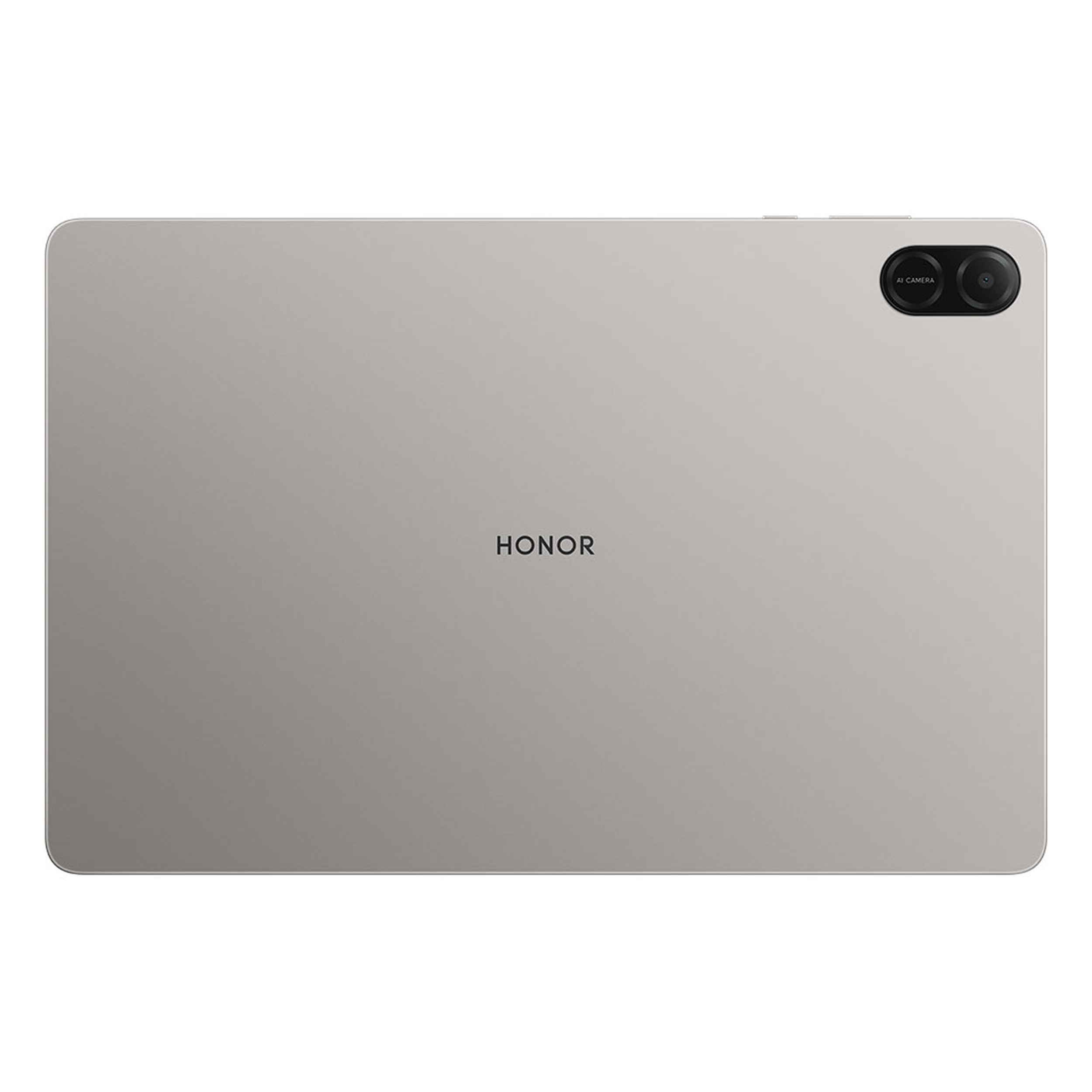 Çift lensli kamera modülüne ve ortalanmış marka logosuna sahip gümüş renkli Honor tabletin arka görünümü.