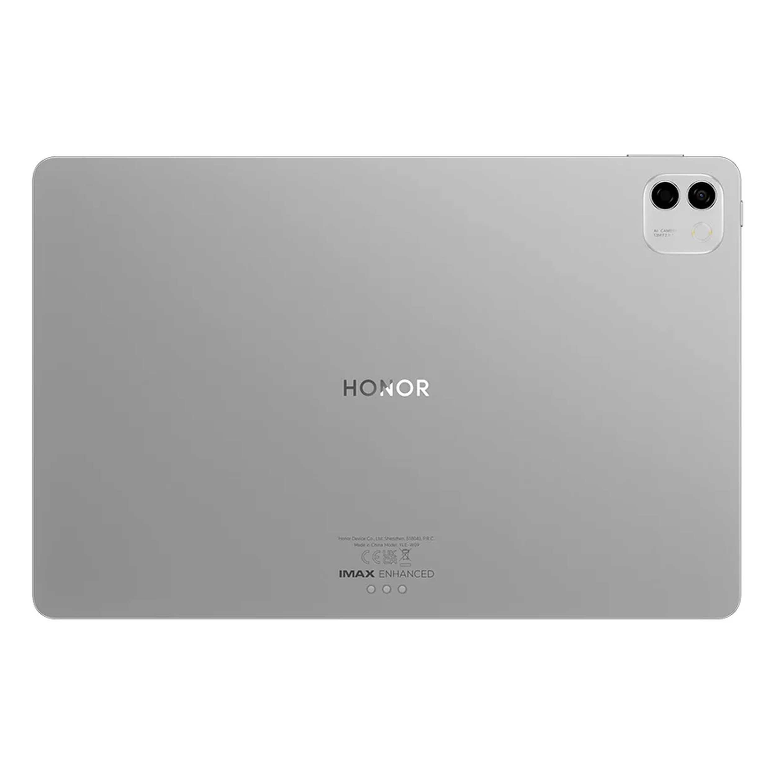 Beyaz arka planda çift kameralı, Honor logolu ve IMAX Enhanced yazılı gümüş rengi Honor tabletin arkası.