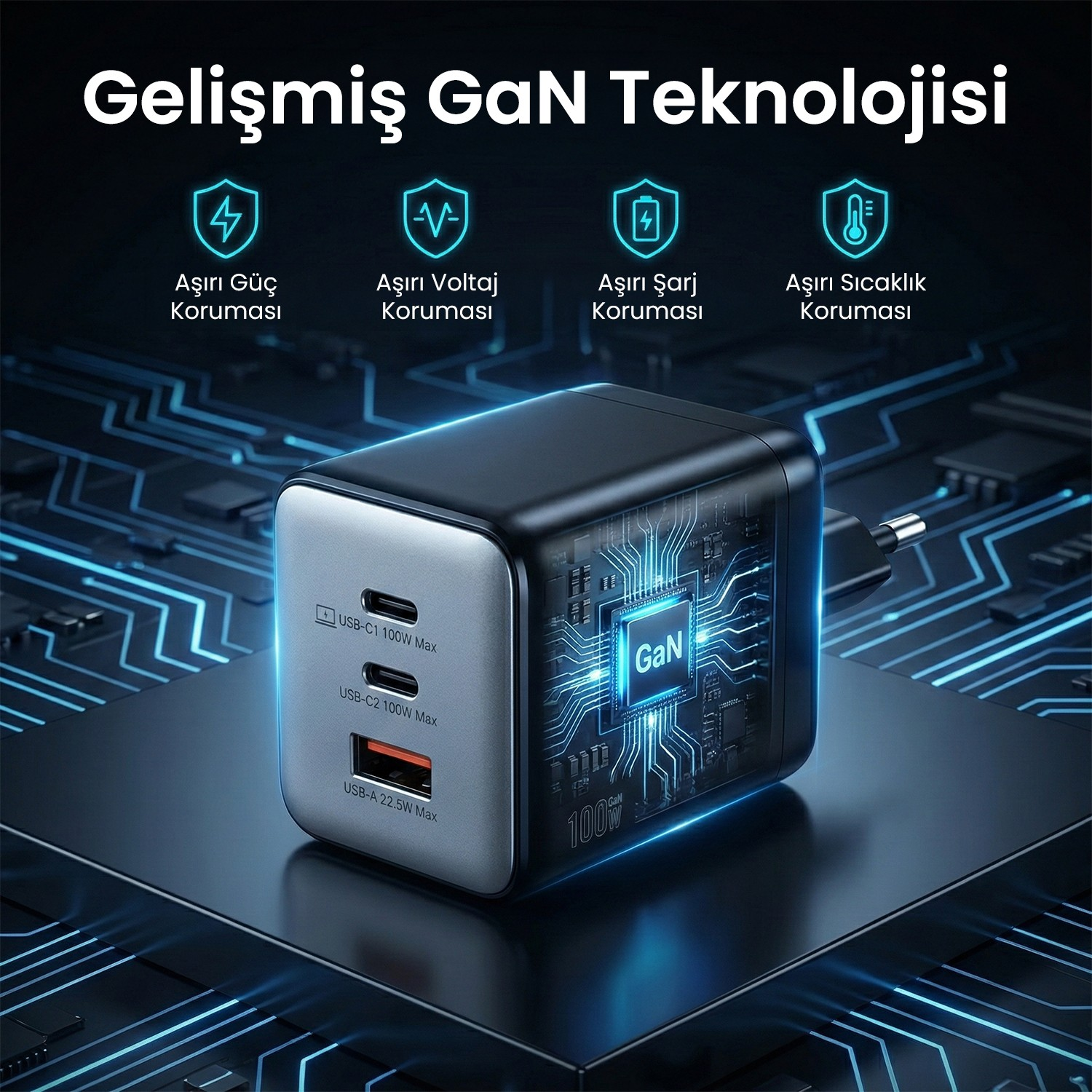 Siyah çok portlu GaN şarj cihazı, üzerinde güvenlik simgeleri olan parlayan devre kartında.