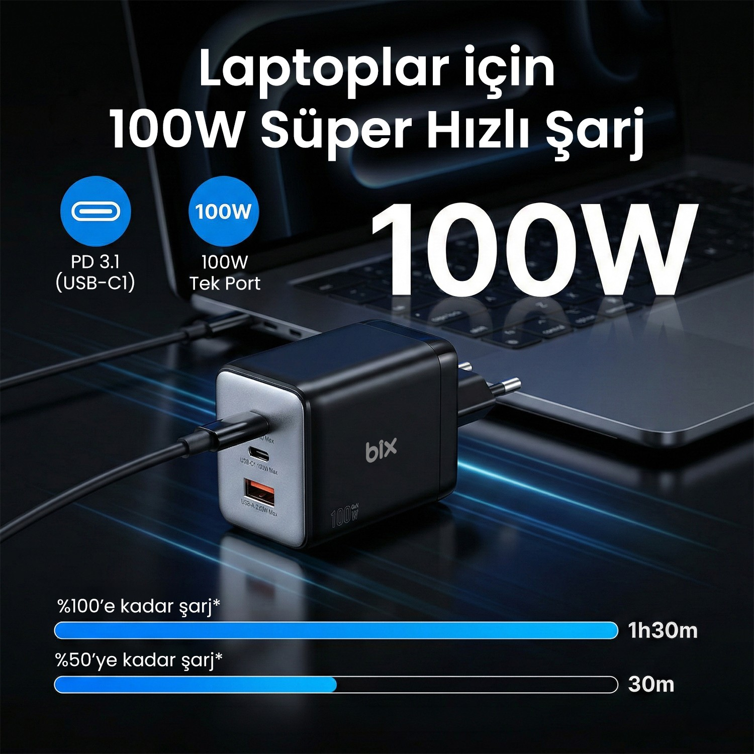 Karanlık arka planda kablolarla siyah 100W Bix dizüstü bilgisayar şarj cihazı.
