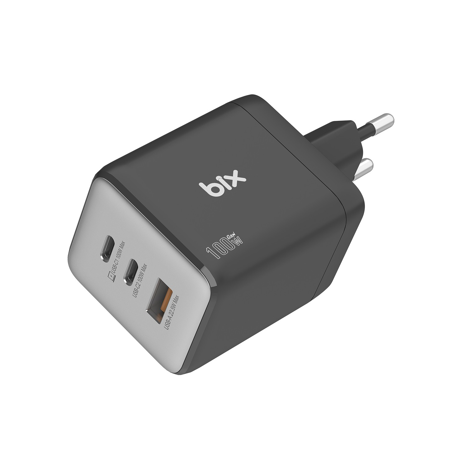 Açık arka planda iki USB-C ve bir USB-A portuna sahip siyah Bix 100W GaN şarj cihazı.