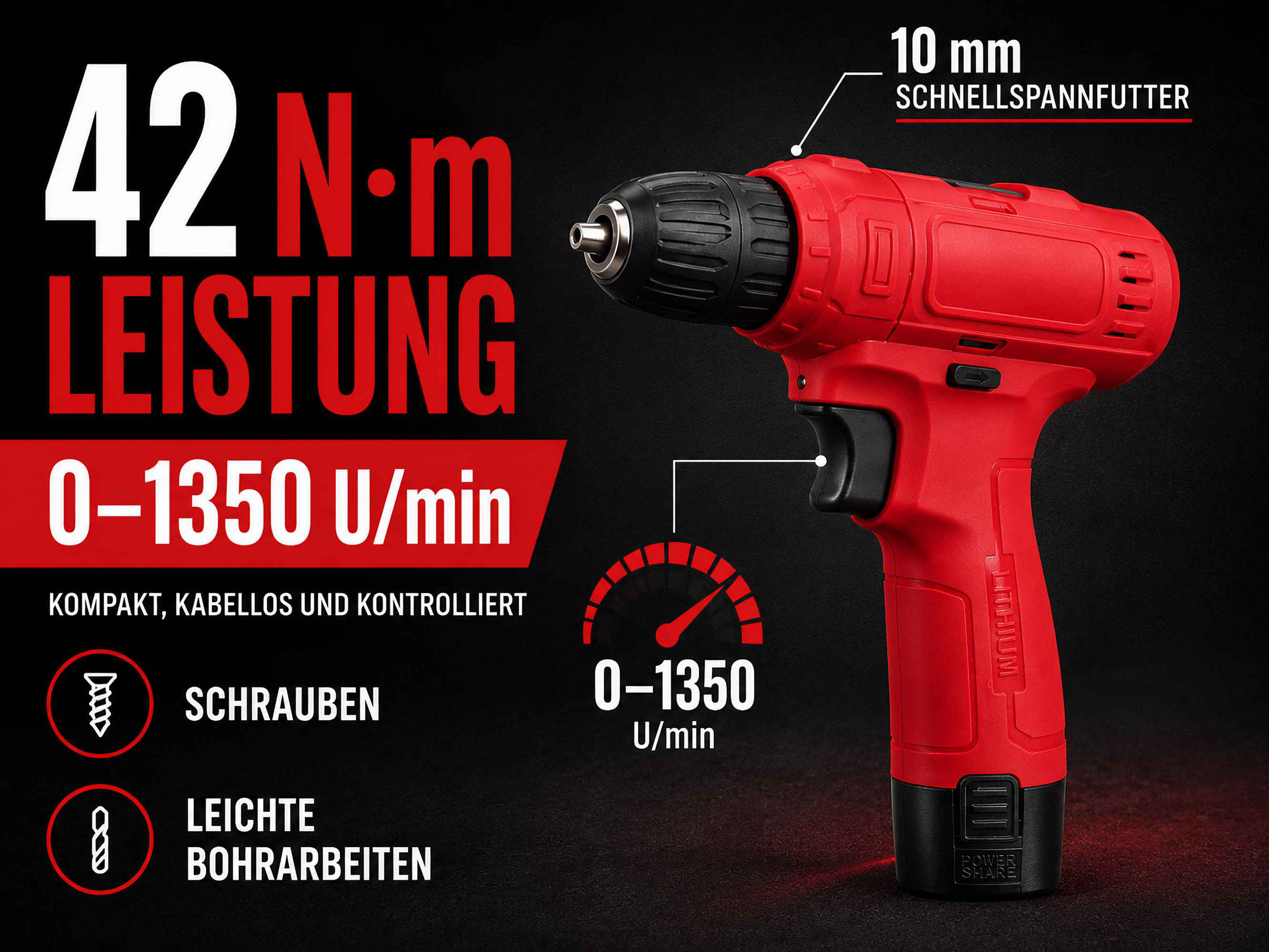 Roter Akkuschrauber mit 42 Nm Leistung, 10 mm Schnellspannfutter und Texten auf schwarzem Hintergrund.