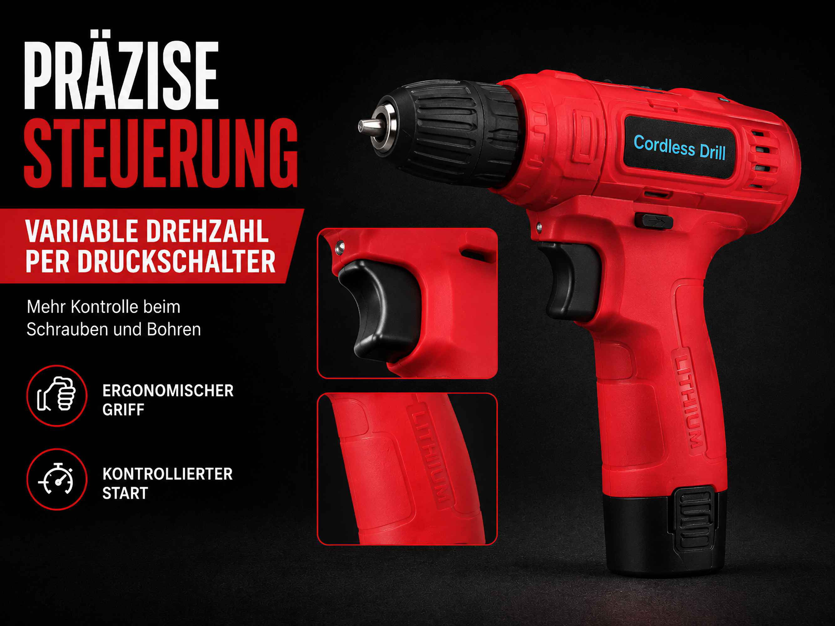 Eine rote Akkubohrmaschine vor dunklem Hintergrund mit deutscher Textmarkierung und zwei Detailansichten.