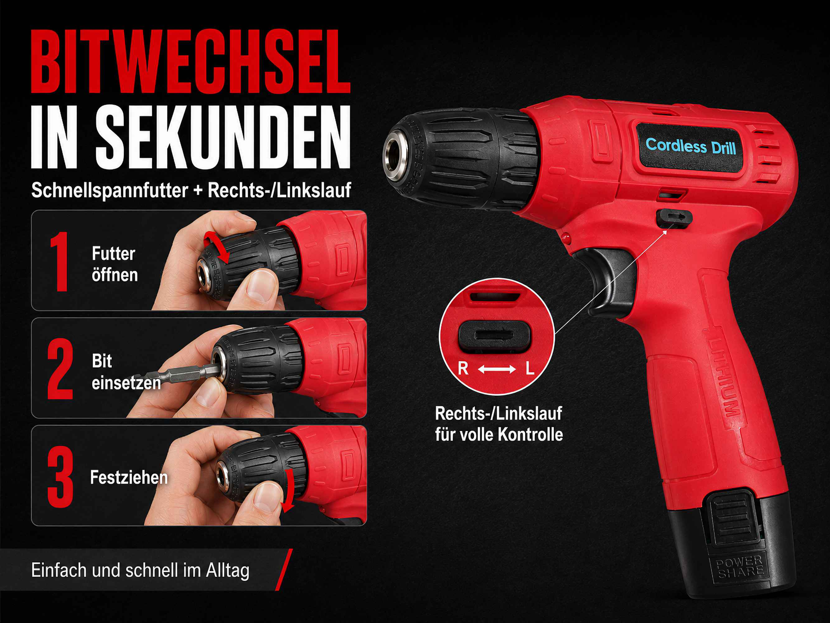 Roter Akkubohrer mit Schritten zum schnellen Bitwechsel.