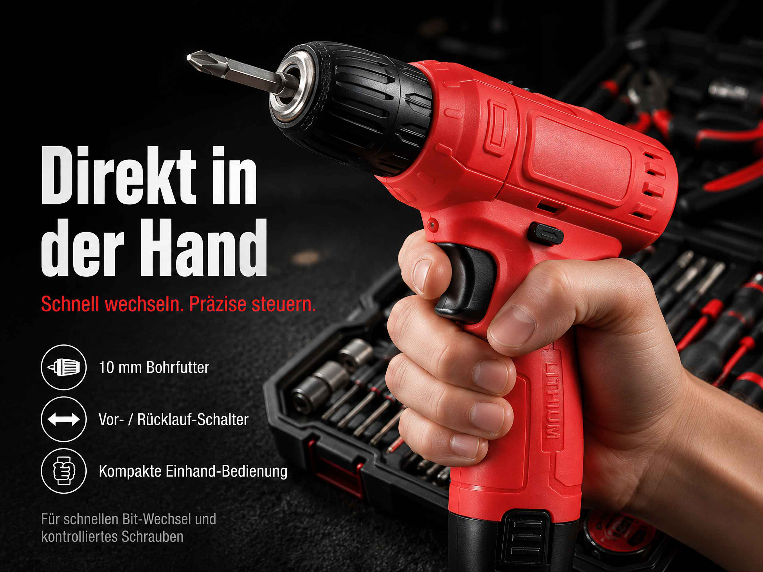 Eine Hand hält einen roten Akkubohrer vor einer Werkzeugkiste. Text und Symbole im Bild.