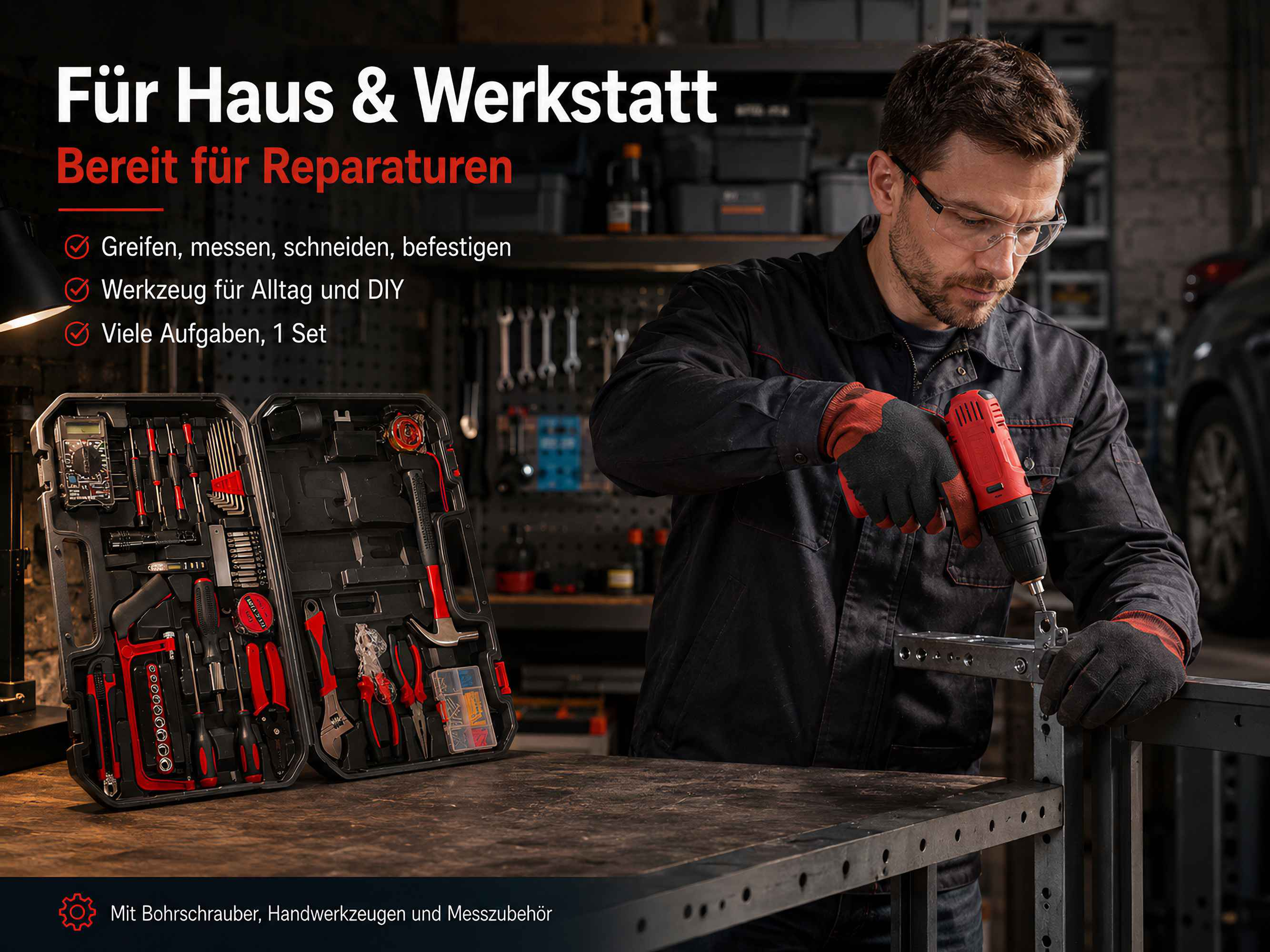 Handwerker mit Schutzbrille bohrt in Metall, daneben ein geöffneter Werkzeugkasten mit Handwerkzeugen.