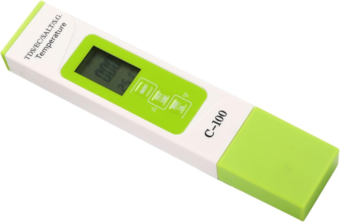 Ein weiß-grüner C-100 digitaler Wassertester mit digitalem Bildschirm und Bedientasten auf weißem Hintergrund.