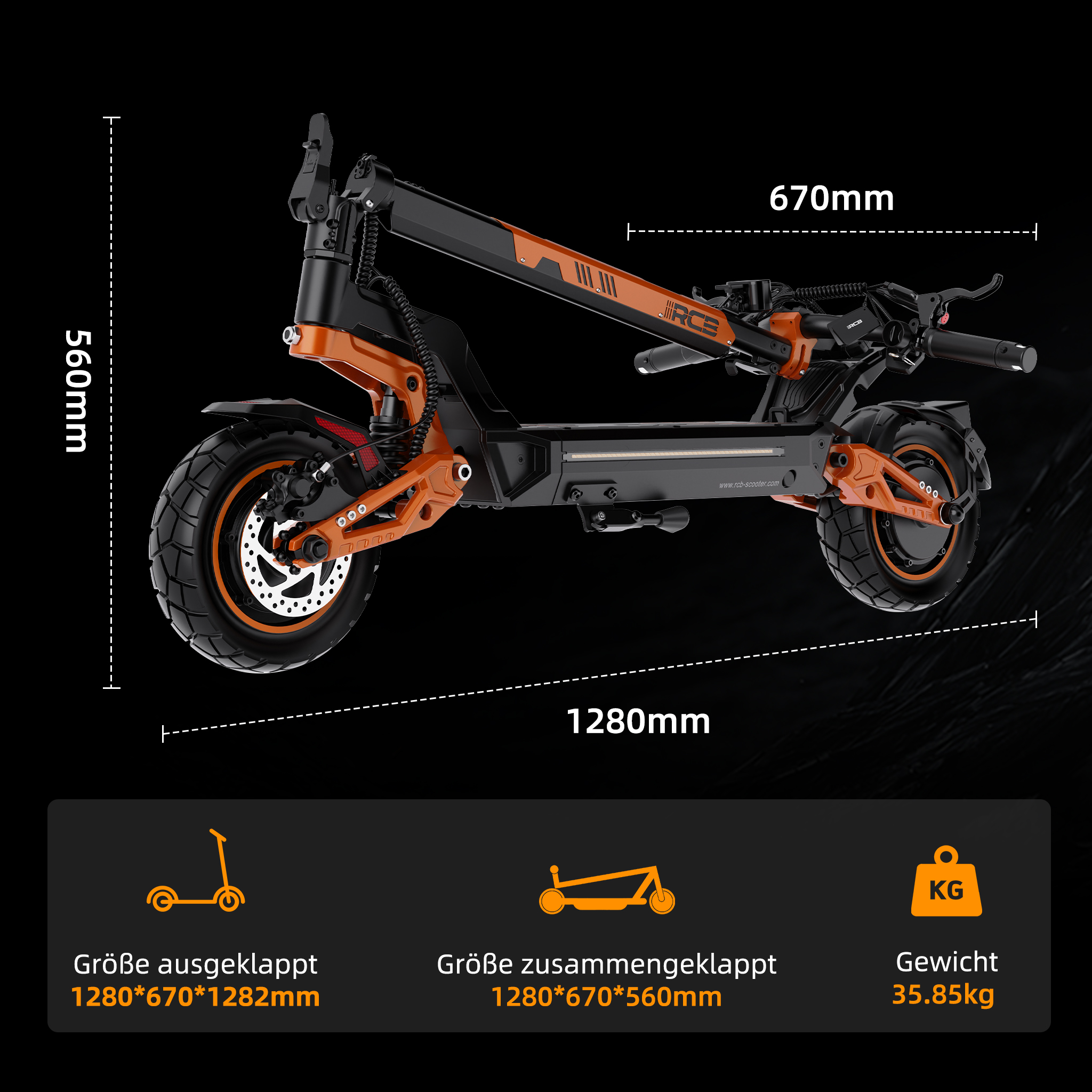 Zusammengeklappter schwarz-oranger E-Scooter mit Maßangaben und Symbolen auf dunklem Hintergrund.