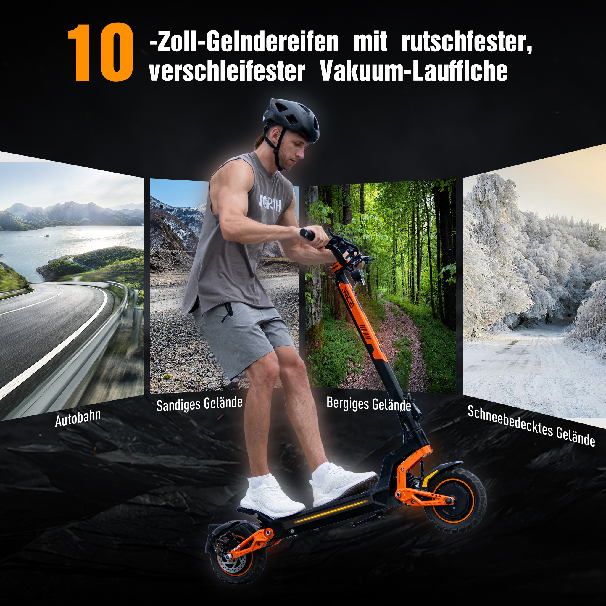 Mann rÃ¤det auf einE-Scooter durch verschiedenegelÃ¤nde,wieAutobahn,WaldundSchnee.