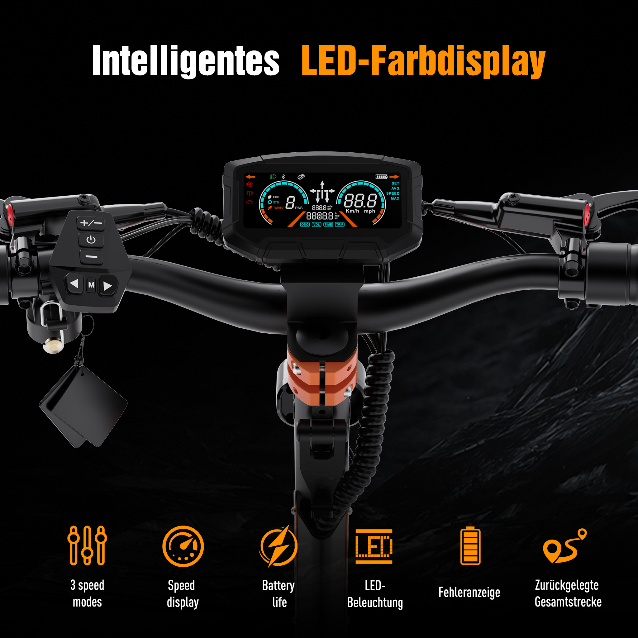 E-Scooter-Lenker mit hellem LED-Farbdisplay, Bedienelementen und Icons für Geschwindigkeit und Akku.