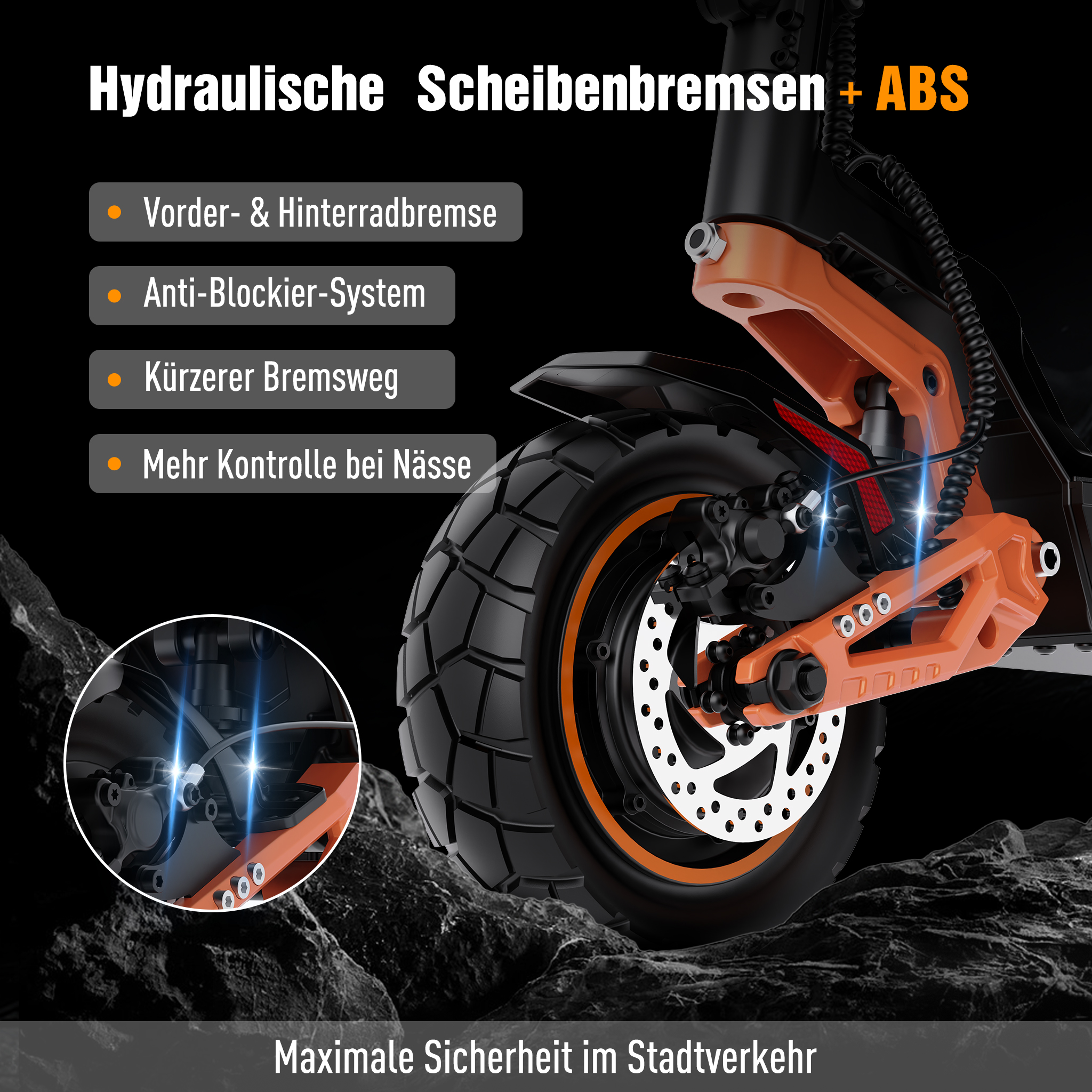 E-Scooter-Bremssystem mit hydraulischen Scheibenbremsen und ABS, dargestellt vor einem felsigen Hintergrund.
