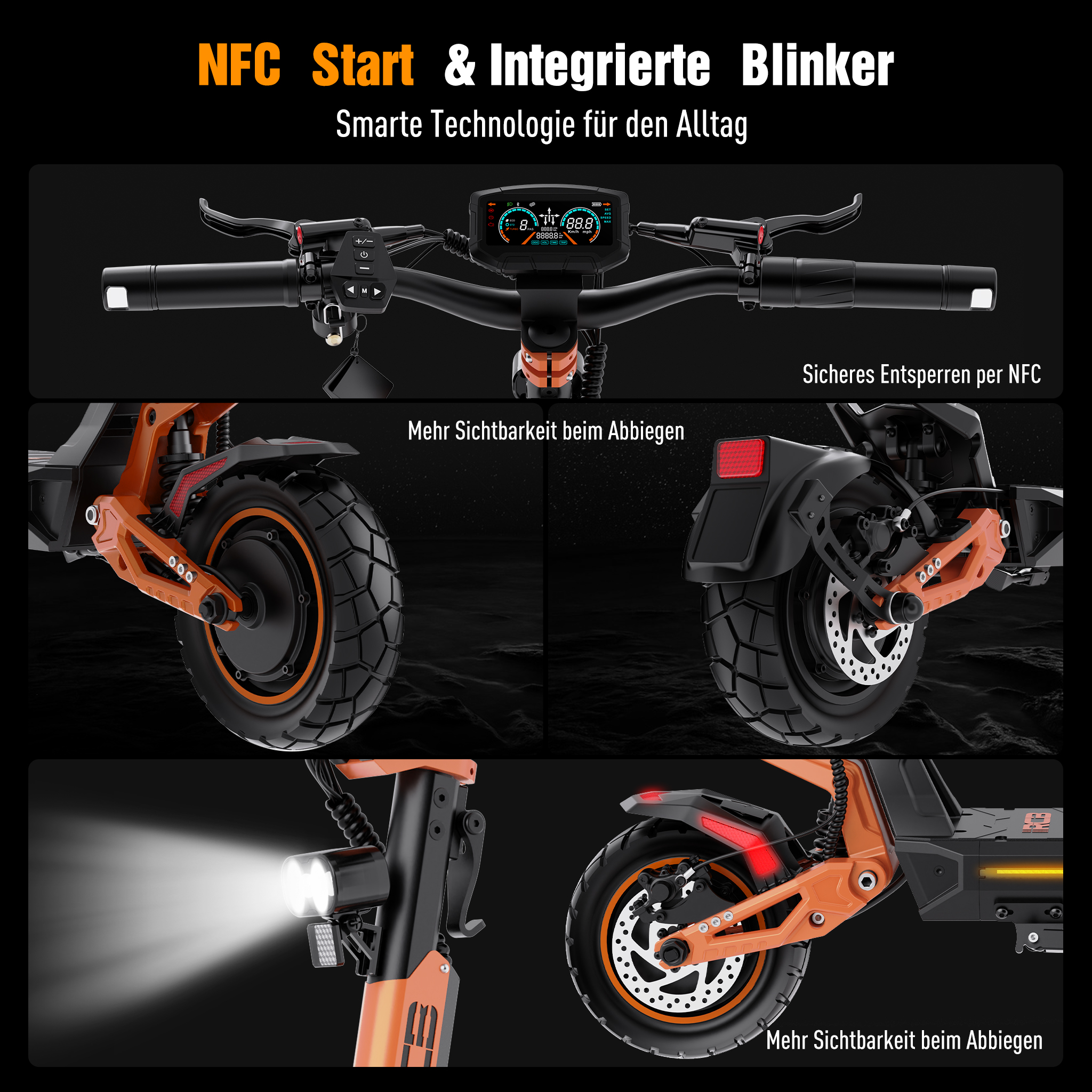 E-Scooter-Details mit Display, NFC-Start, Reifen, Federung, LED-Scheinwerfer und Blinkern.