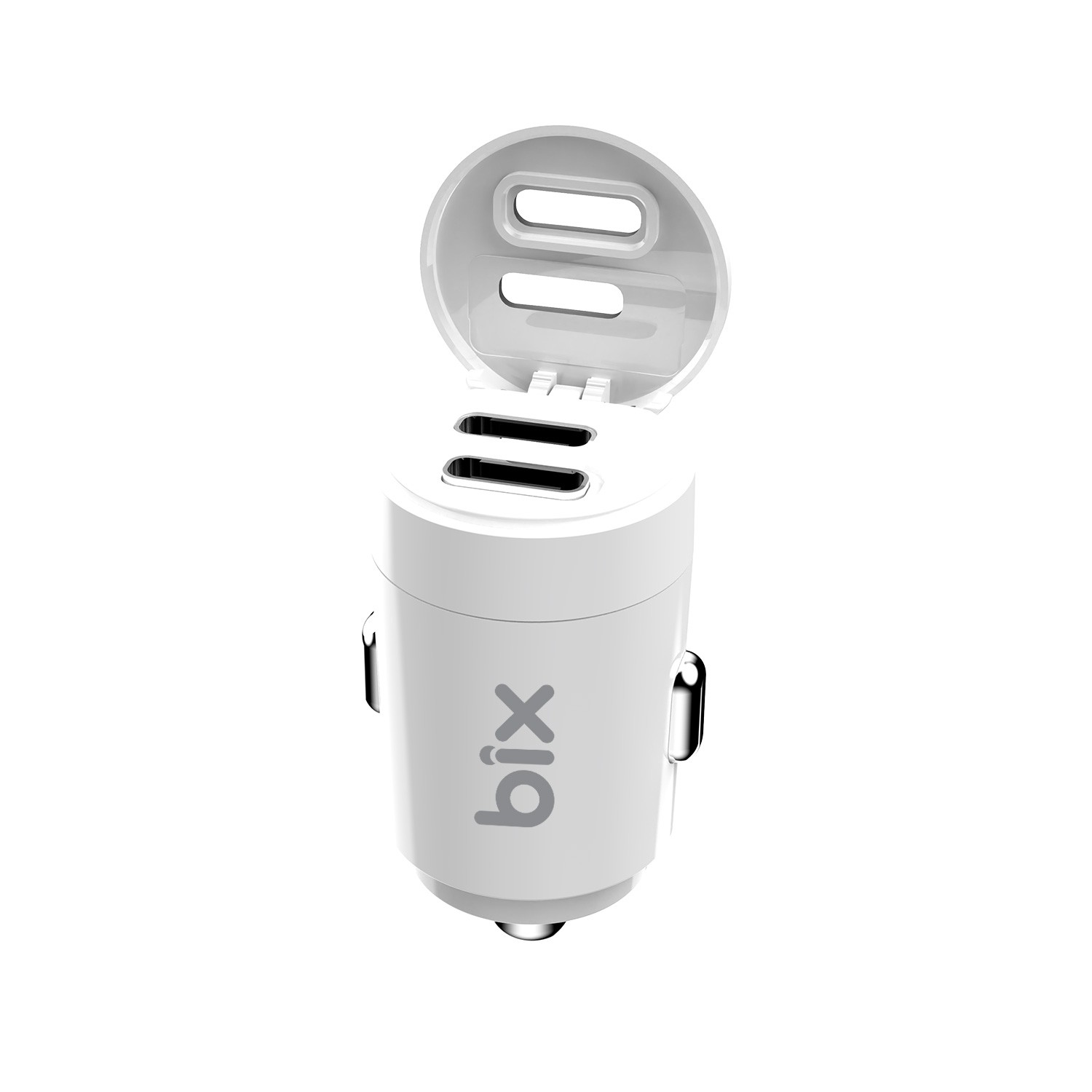 Koruyucu kapaklı beyaz çift portlu USB araç şarj cihazı.