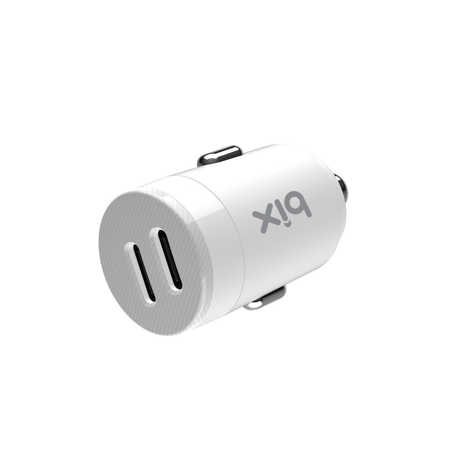 Beyaz arkaplanda iki USB girişli beyaz renkli Bix araç şarj cihazı.
