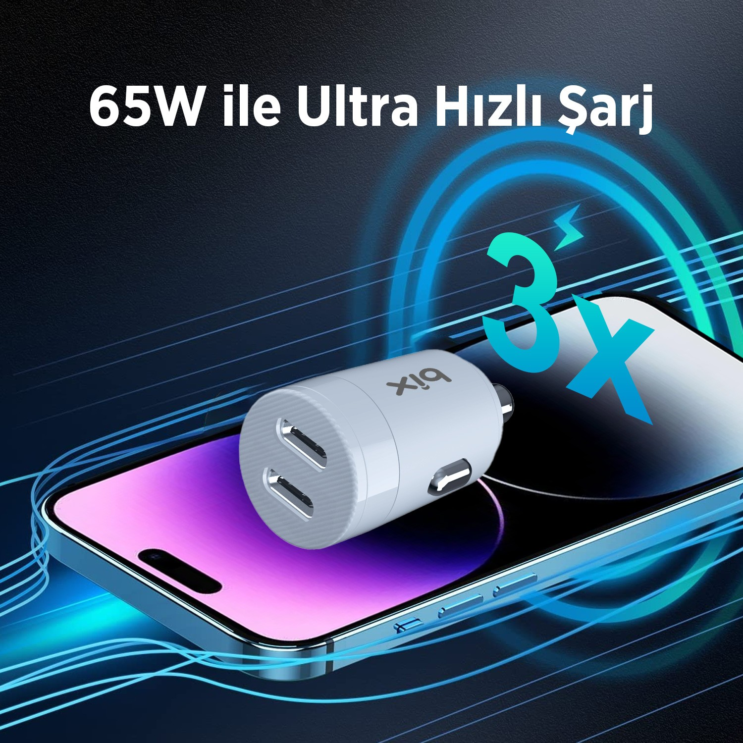 Beyaz çift portlu araç şarj cihazı, mavi ışık halkaları ve hız grafikleriyle akıllı telefonun üzerinde.