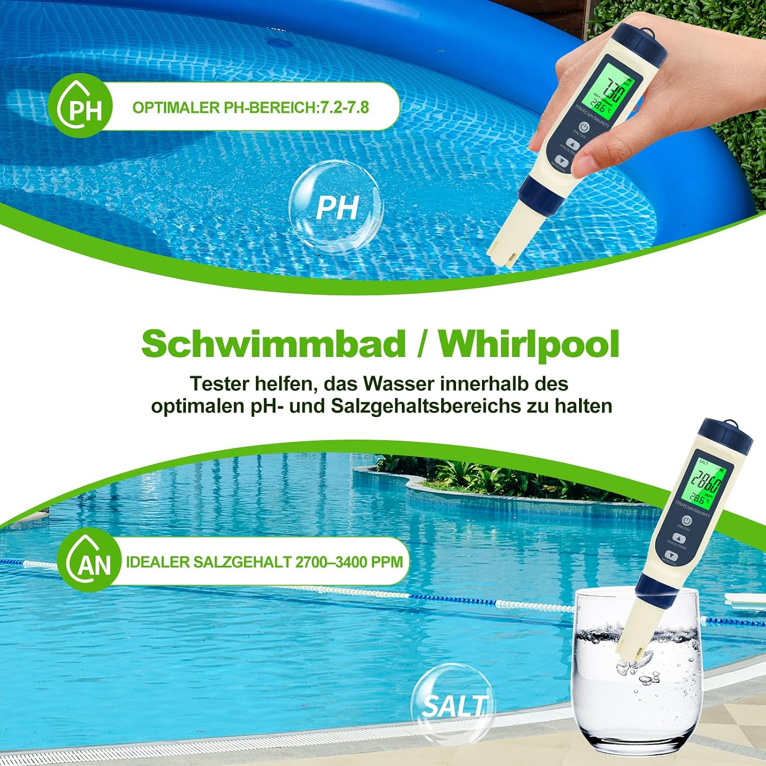 Digitale Tester messen pH-Wert und Salzgehalt für Pools und Whirlpools.