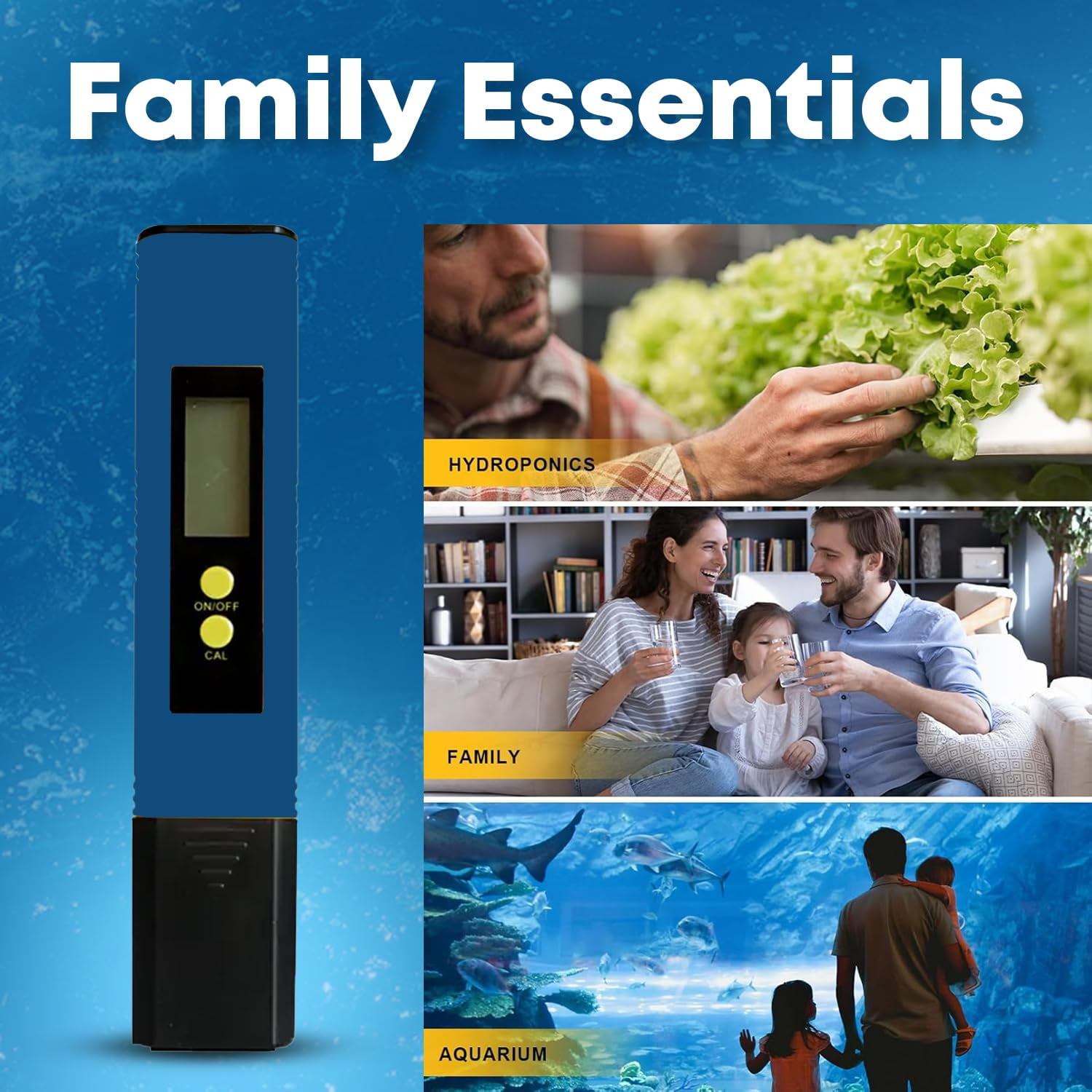 Wassertester links, dazu Bilder von Hydrokultur, Familie und Aquarium.