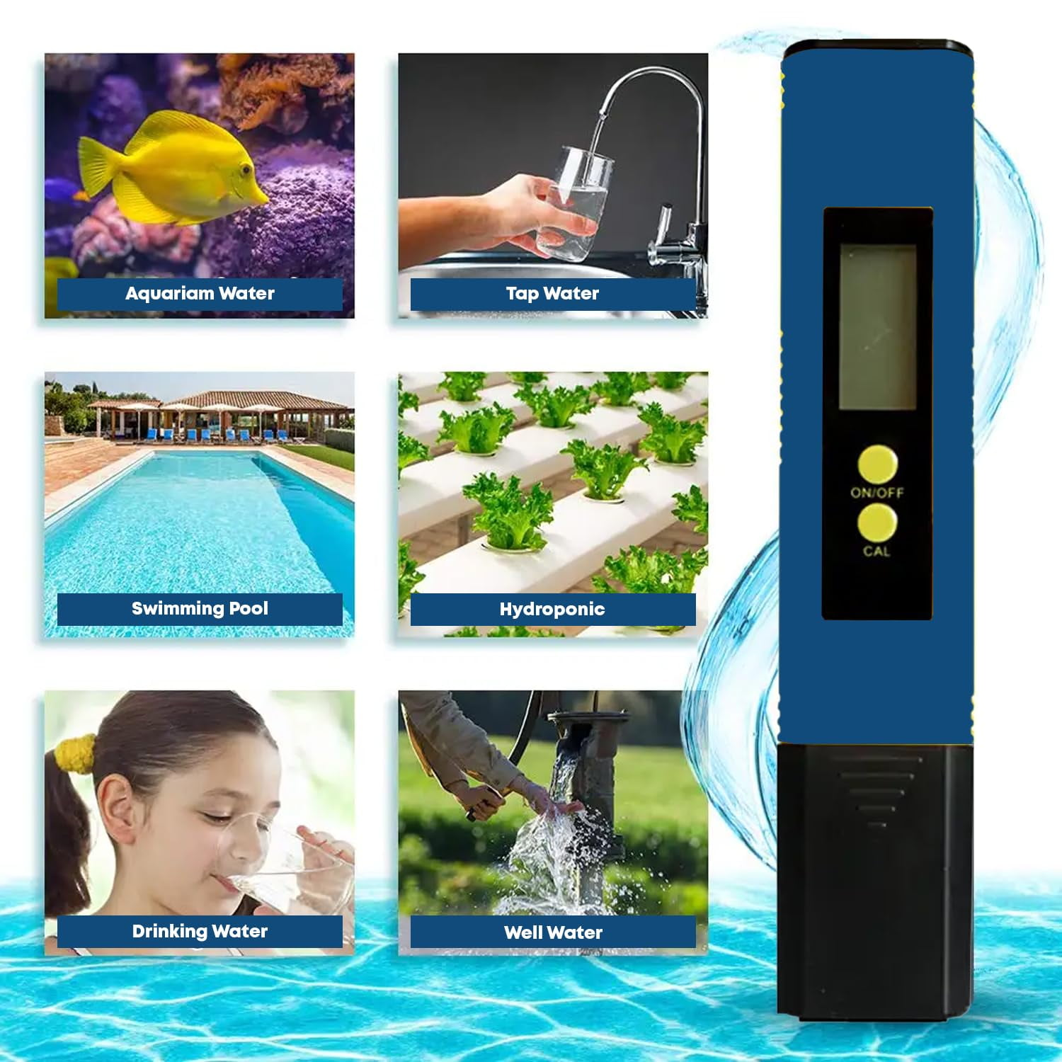 Ein blauer digitaler Wassertester wird mit sechs kleinen Bildern gezeigt, die seine Verwendung veranschaulichen.