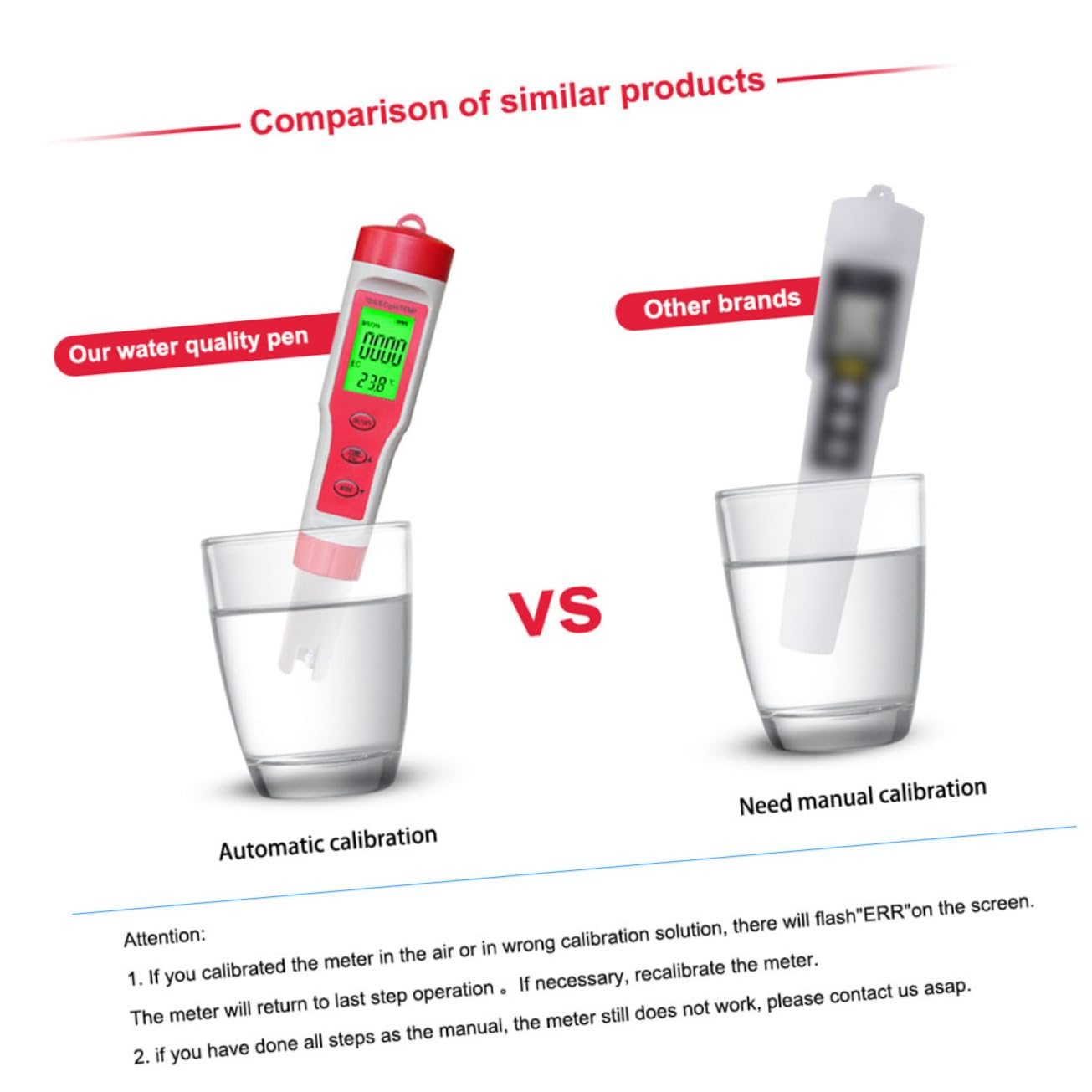 Wasserqualitäts-Stifte im Vergleich: einer hat automatische, ein anderer manuelle Kalibrierung.