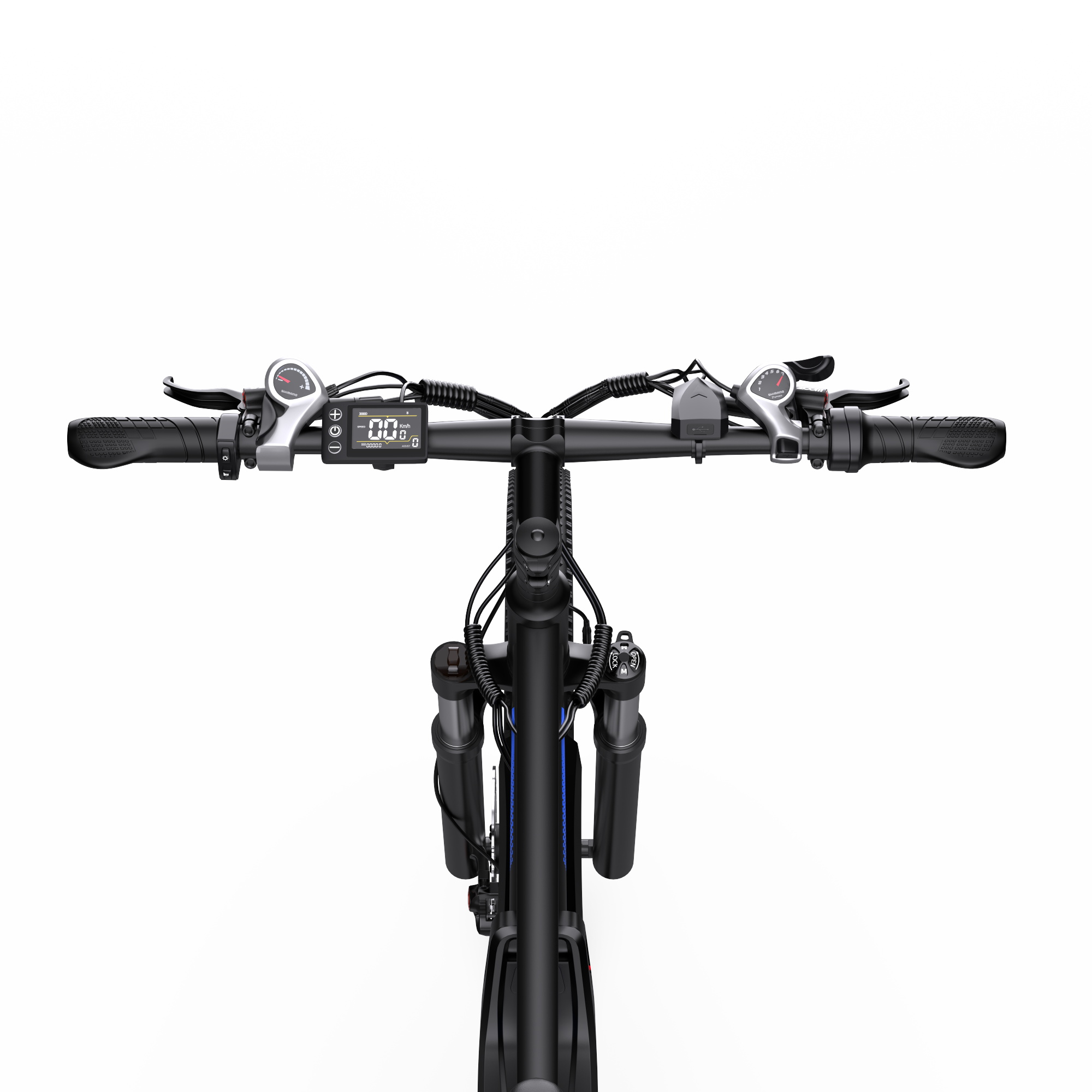 Vorderansicht eines schwarzen E-Bike-Lenkers mit Display, Schalthebeln und Bremsen auf weißem Hintergrund.