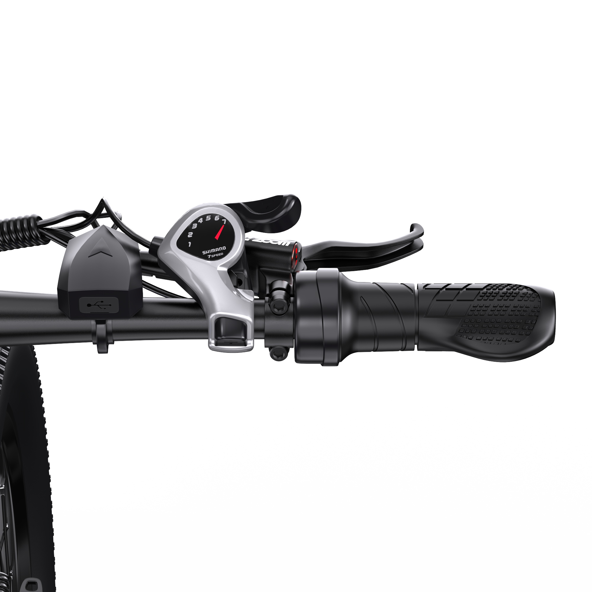 Nahaufnahme eines schwarzen Fahrradlenkers mit Schalter, Shimano 7-Gang-Schaltung und Gummigriff.