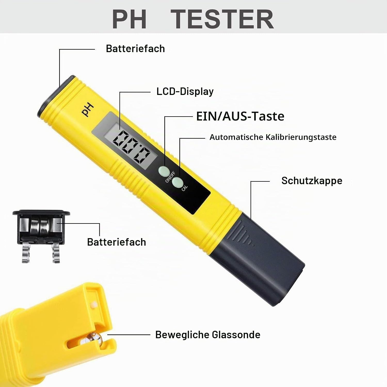 Diagramm eines gelben pH-Meters mit beschrifteten Teilen wie Display, Knöpfen und Sensor.