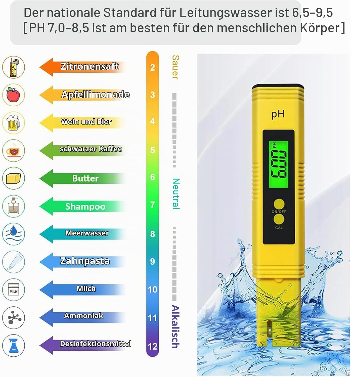 pH-Skala und gelber pH-Meter der in Wasser eintaucht, mit Beispielen für den pH-Wert verschiedener Substanzen.